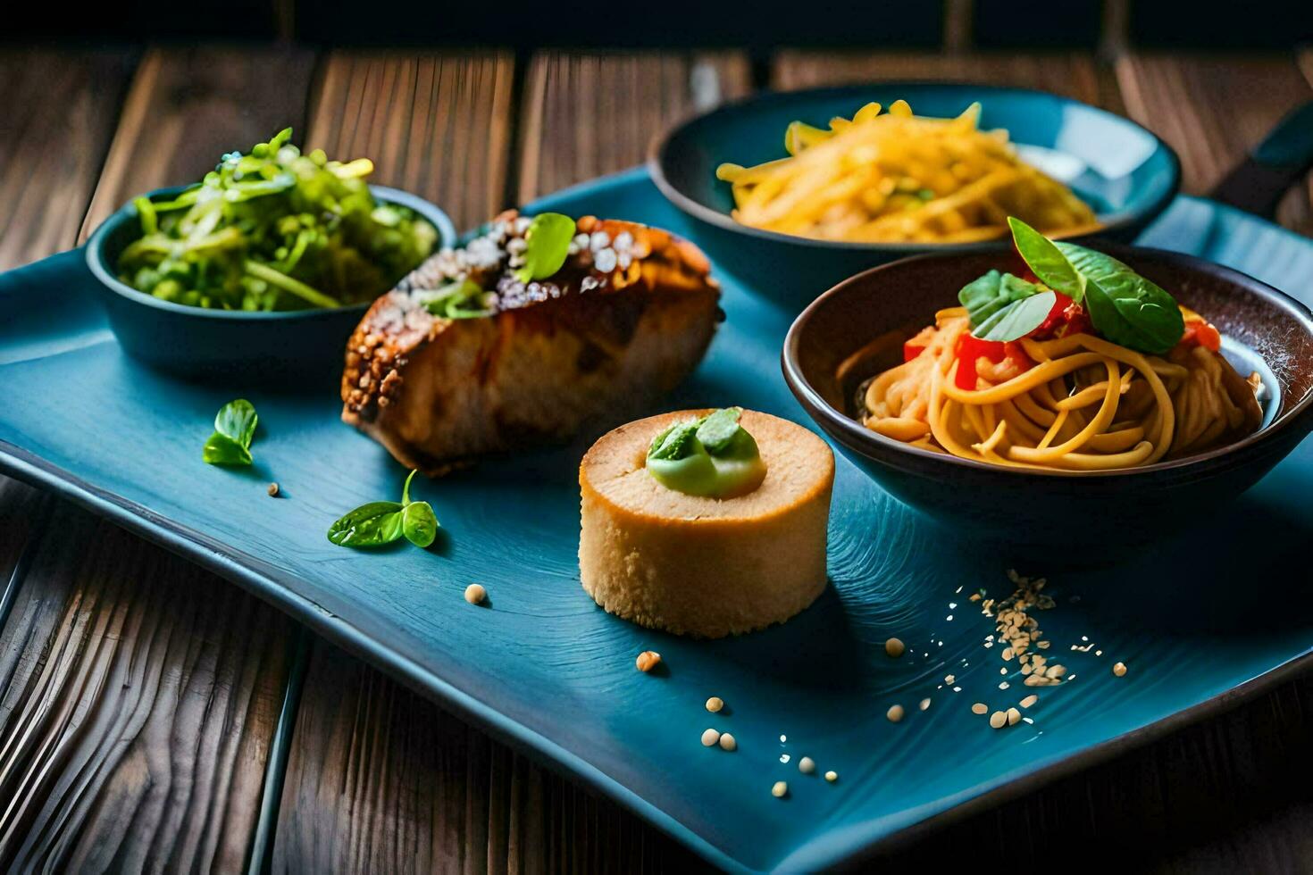 ein Teller mit Essen auf Es, einschließlich Spaghetti, Fleisch und Gemüse. KI-generiert foto