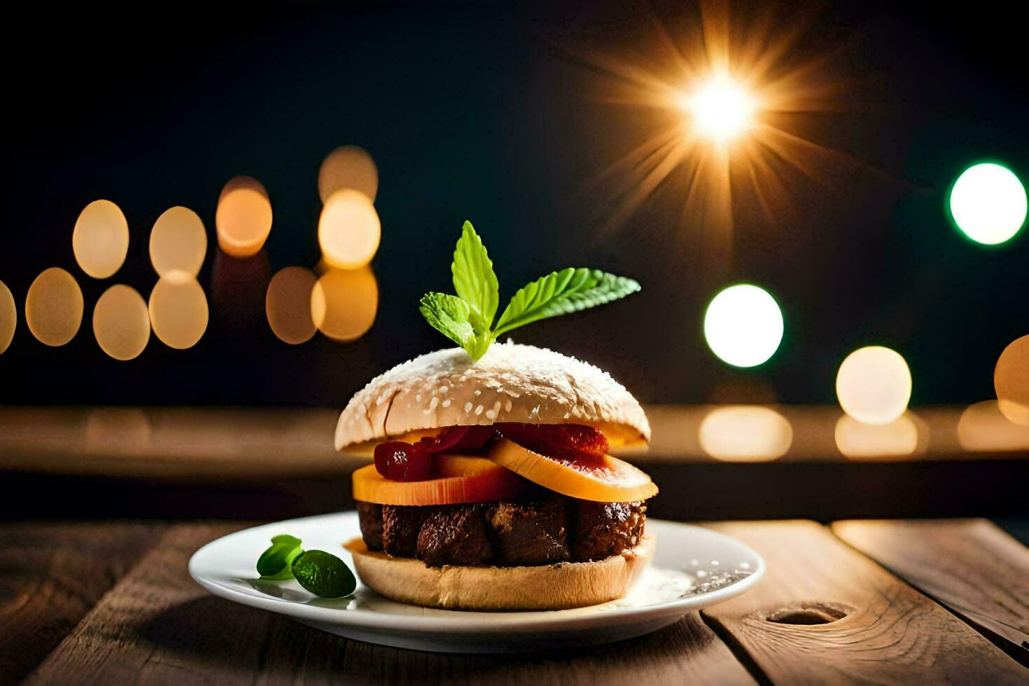 ein Hamburger mit Tomaten und Grüner Salat auf ein Platte. KI-generiert foto