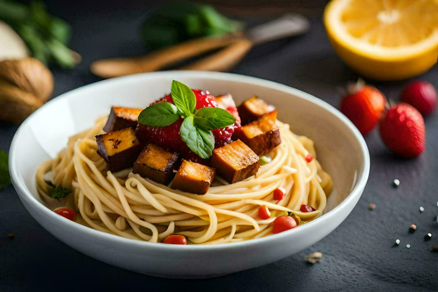Spaghetti mit Tofu und Basilikum auf ein dunkel Tisch. KI-generiert foto