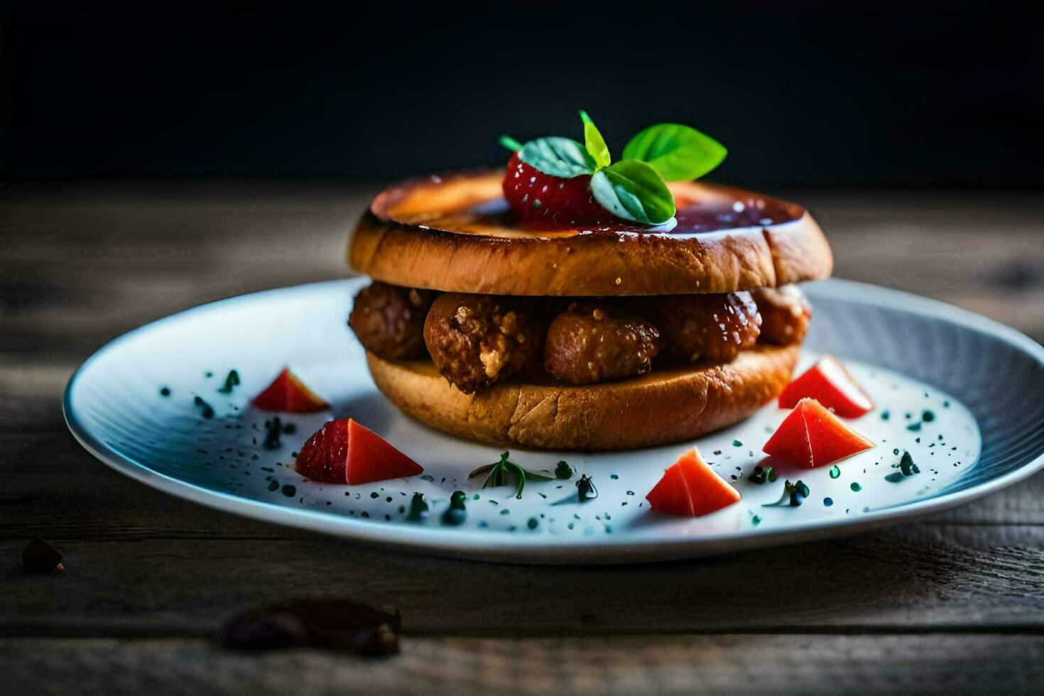 ein Hamburger mit Fleischklößchen und Erdbeeren auf ein Platte. KI-generiert foto