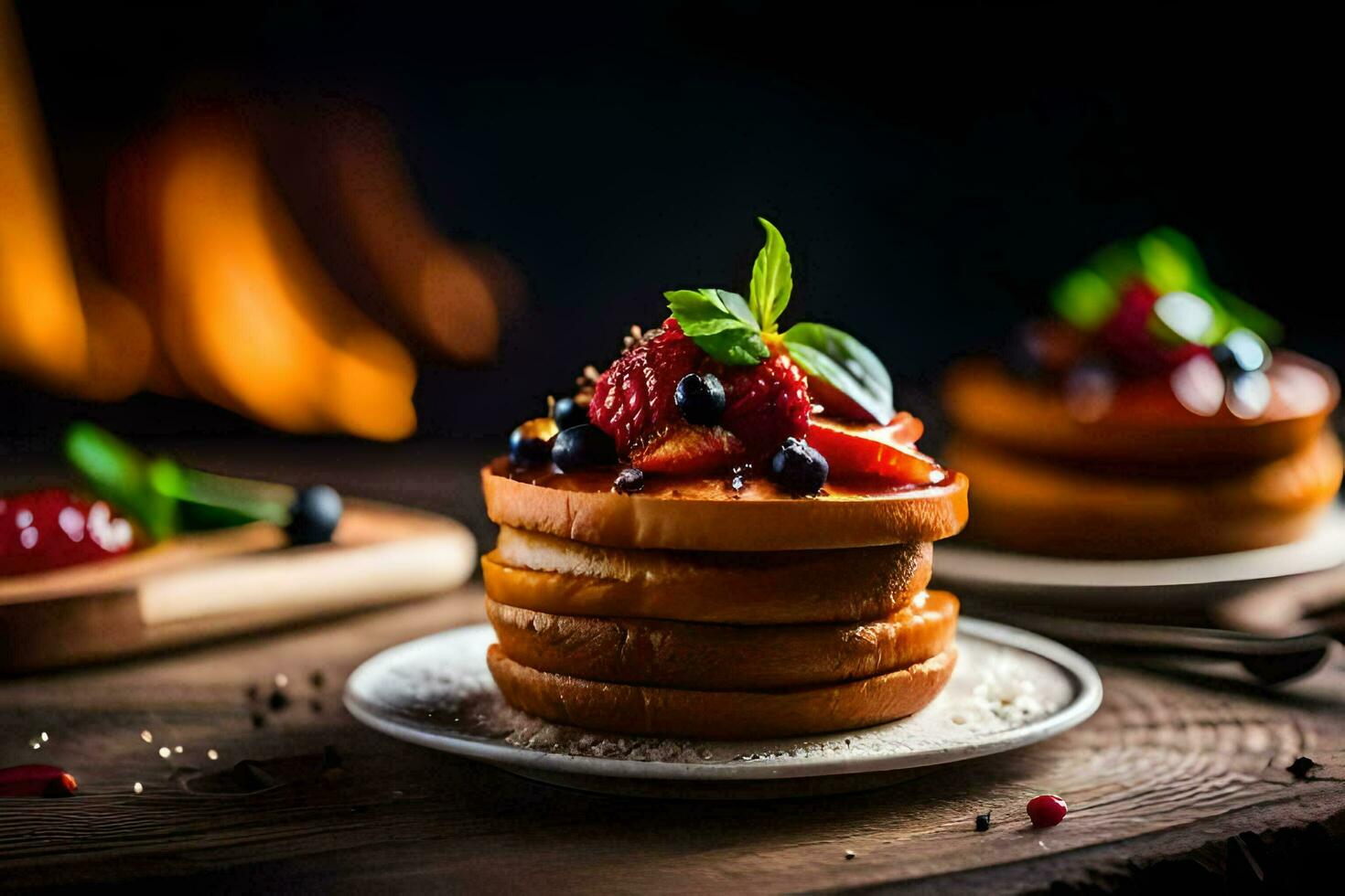 Stapel von Pfannkuchen mit Beeren und Gewürze auf ein hölzern Tisch. KI-generiert foto