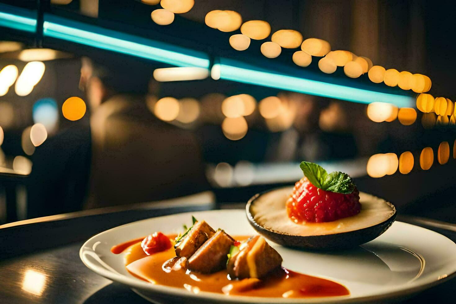 ein Teller mit Essen auf es Sitzung auf ein Tisch. KI-generiert foto