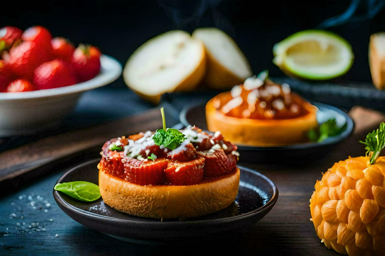 klein Platten mit Essen auf Sie und ein Schüssel von Frucht. KI-generiert foto