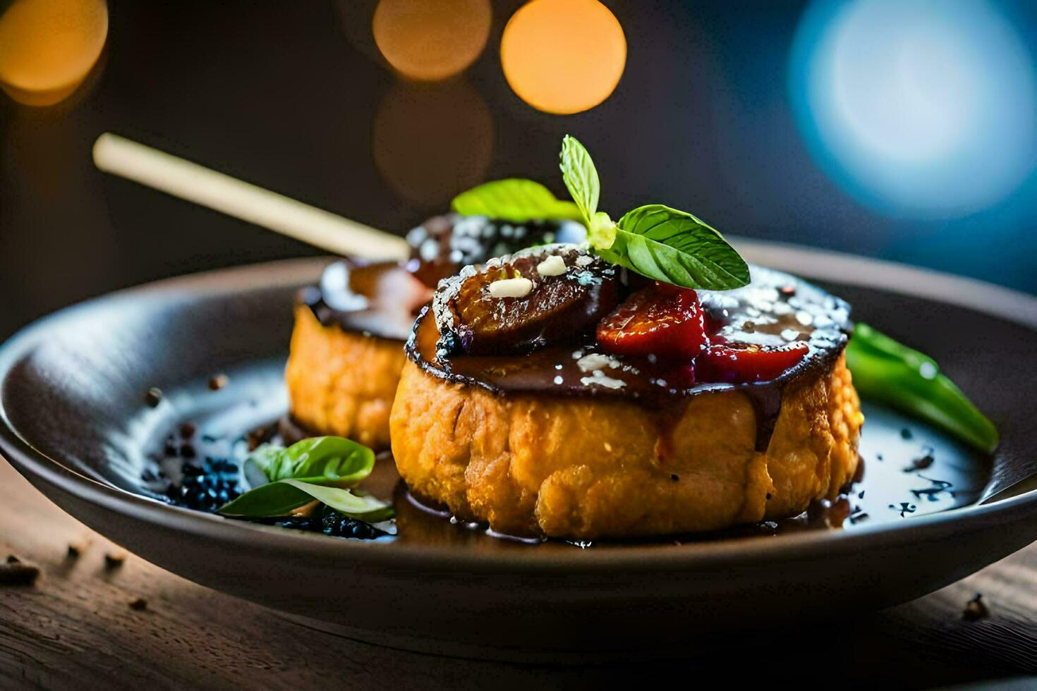 ein Teller mit ein Dessert auf Es. KI-generiert foto