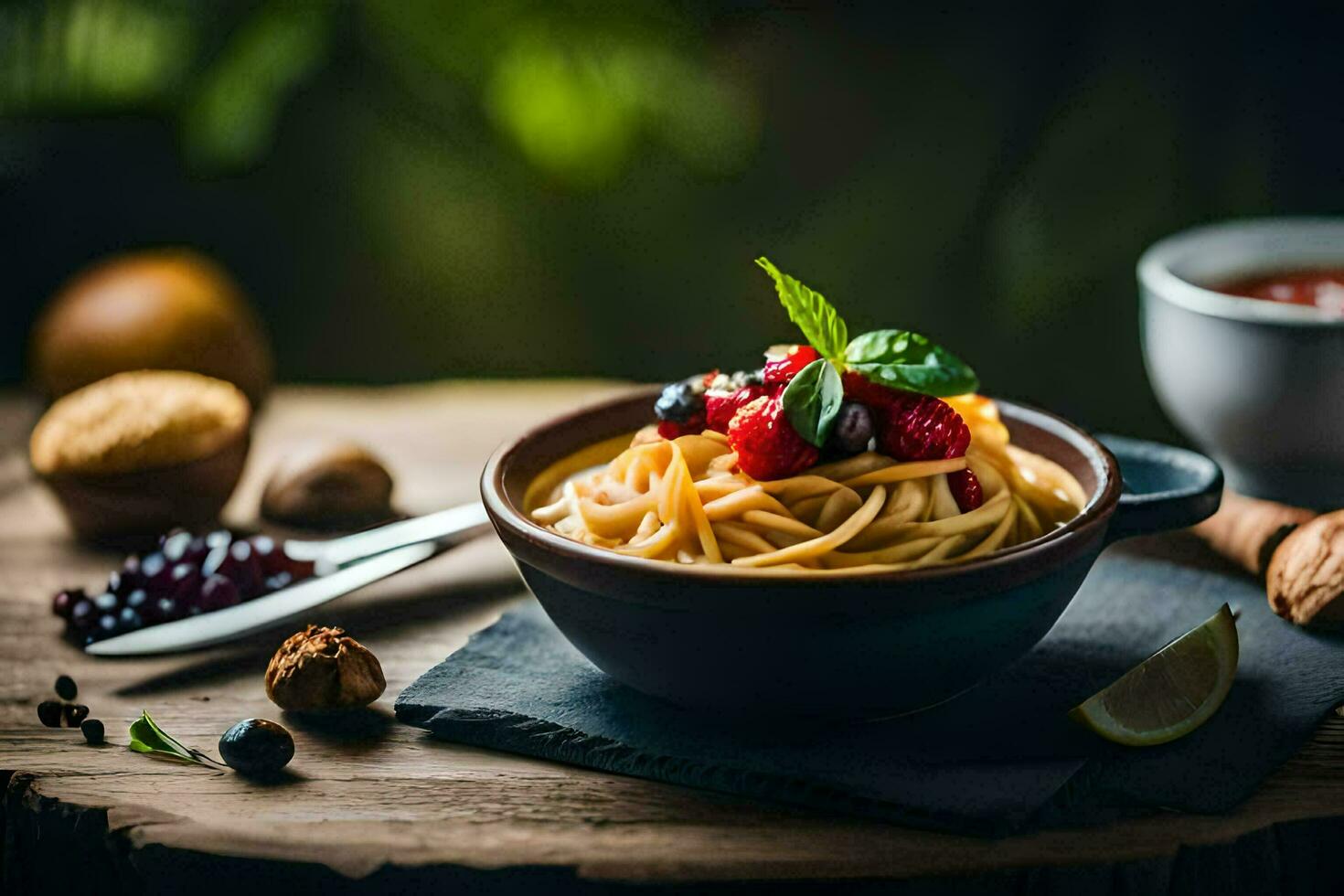 Spaghetti mit Beeren und Nüsse auf ein hölzern Tisch. KI-generiert foto