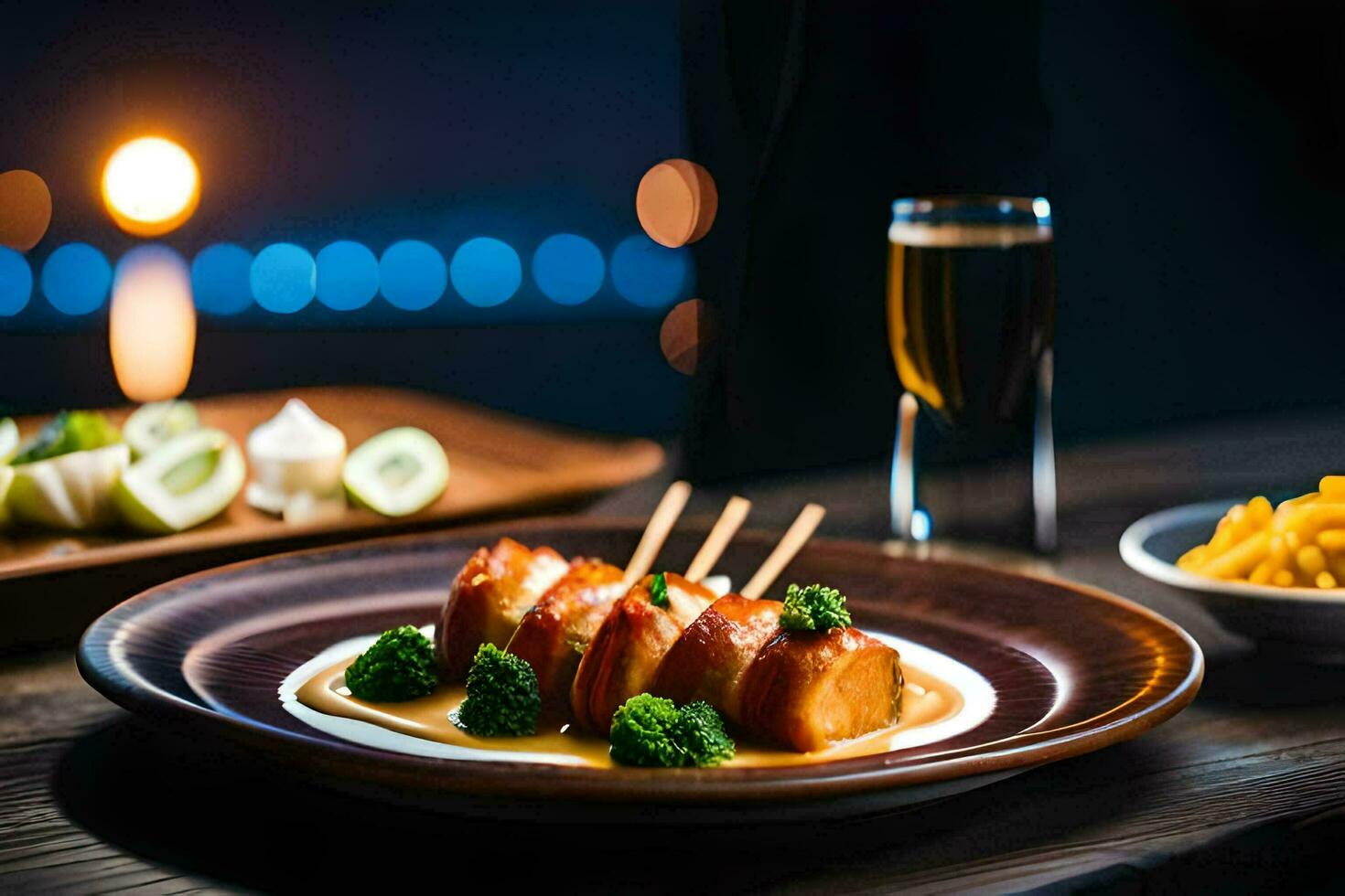 ein Teller von Essen mit Spieße und ein Glas von Wein. KI-generiert foto