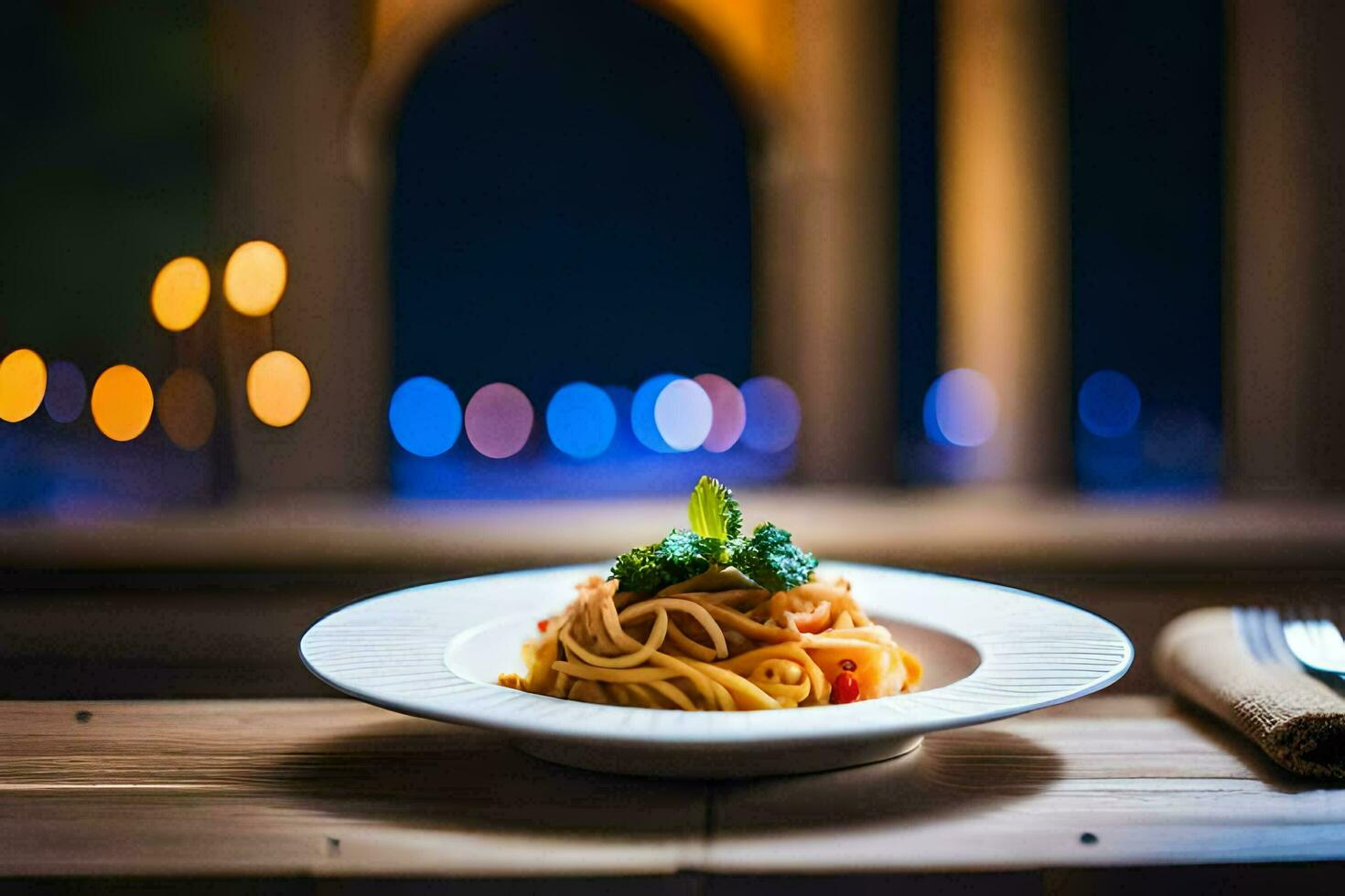 ein Teller von Pasta mit ein Aussicht von das Stadt. KI-generiert foto