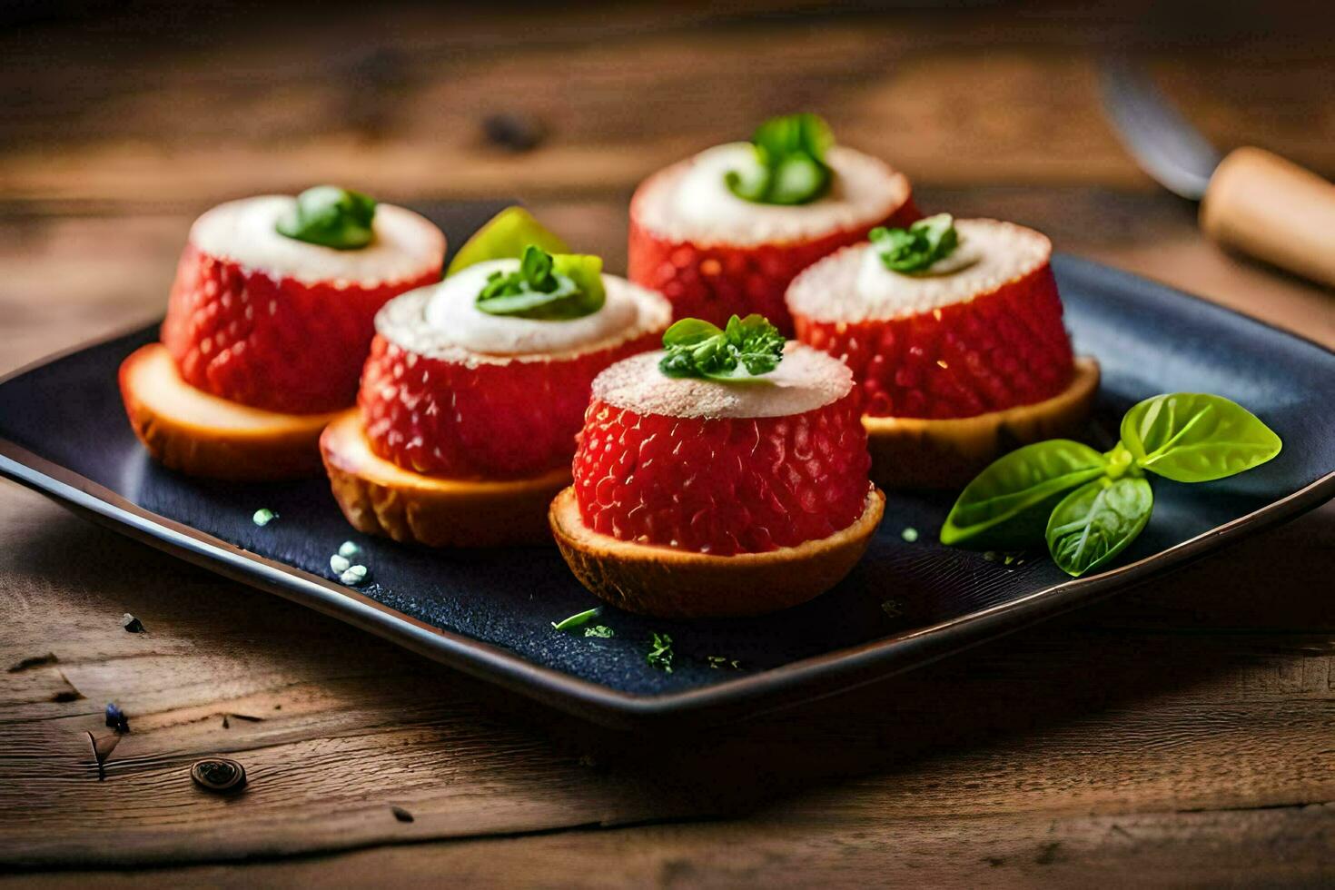 Erdbeeren auf ein Teller mit Käse und Kräuter. KI-generiert foto