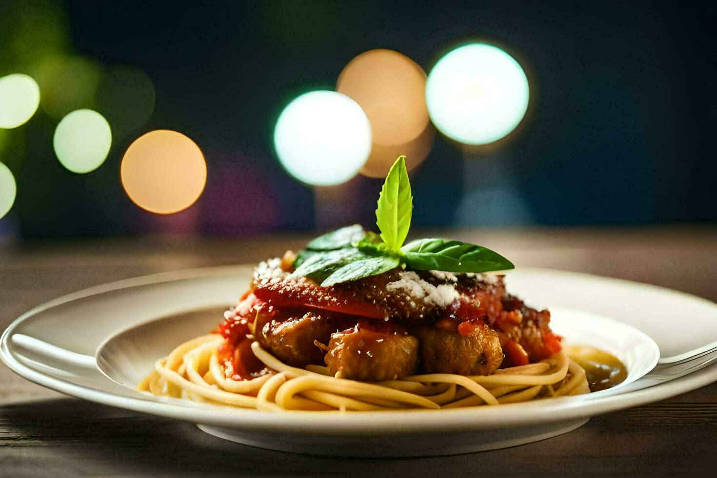 Spaghetti mit Fleischklößchen und Tomate Soße auf ein Platte. KI-generiert foto