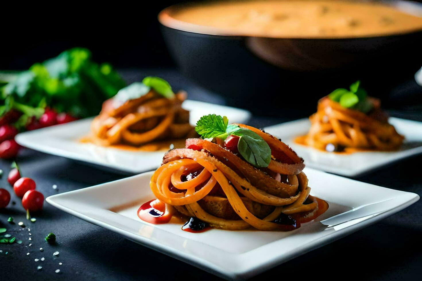 drei Platten mit Spaghetti und Soße auf ihnen. KI-generiert foto