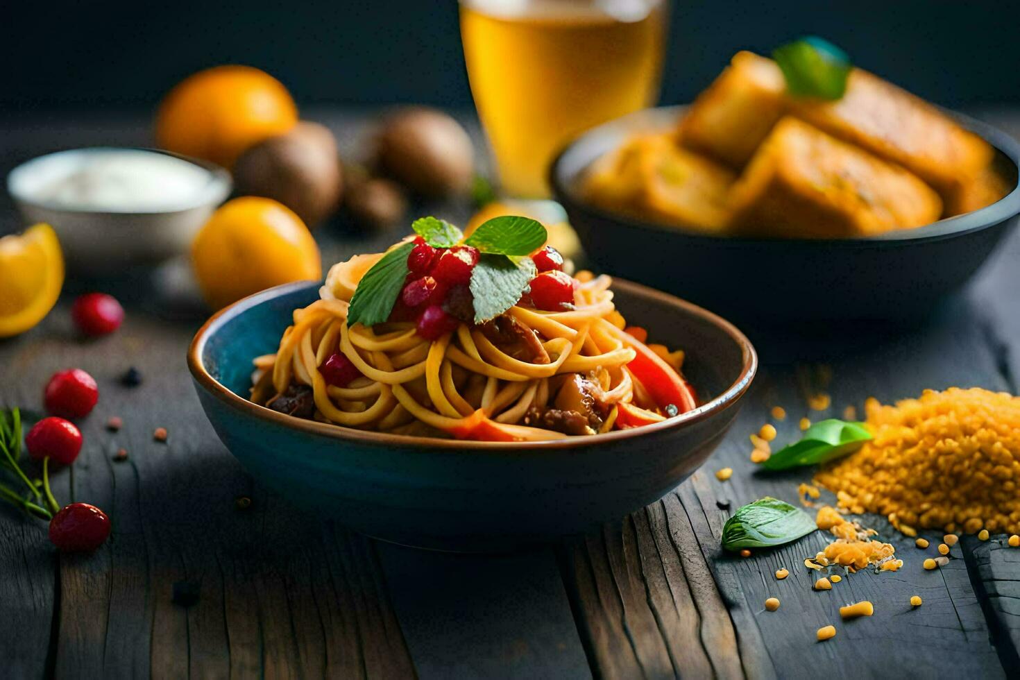 Spaghetti mit Fleisch und Gemüse im ein Schüssel auf ein hölzern Tisch. KI-generiert foto