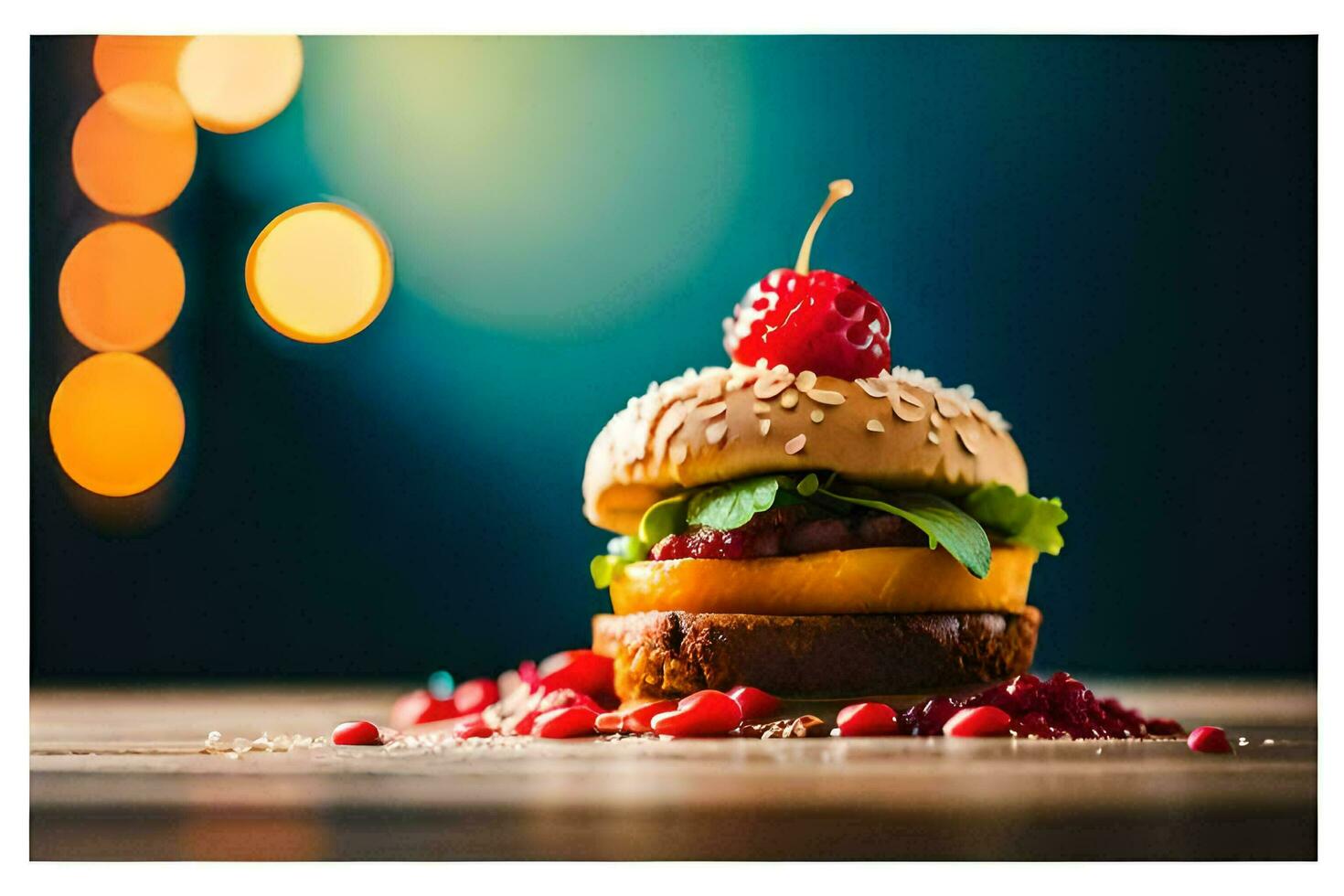 ein Hamburger mit Beeren und ein Kirsche auf oben. KI-generiert foto