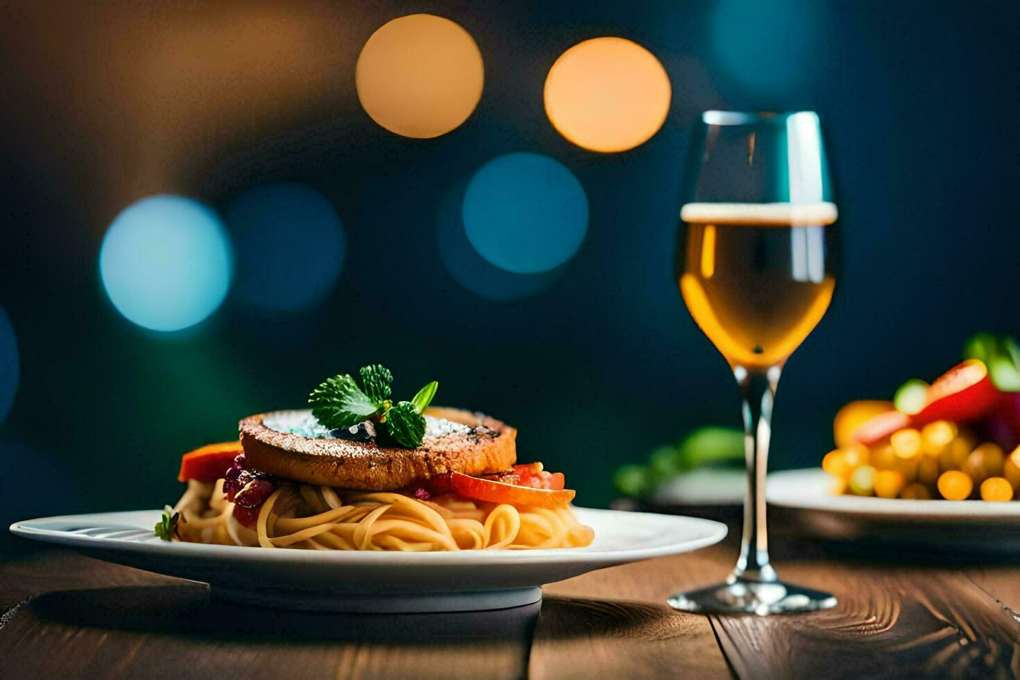 ein Teller von Spaghetti und ein Glas von Wein. KI-generiert foto