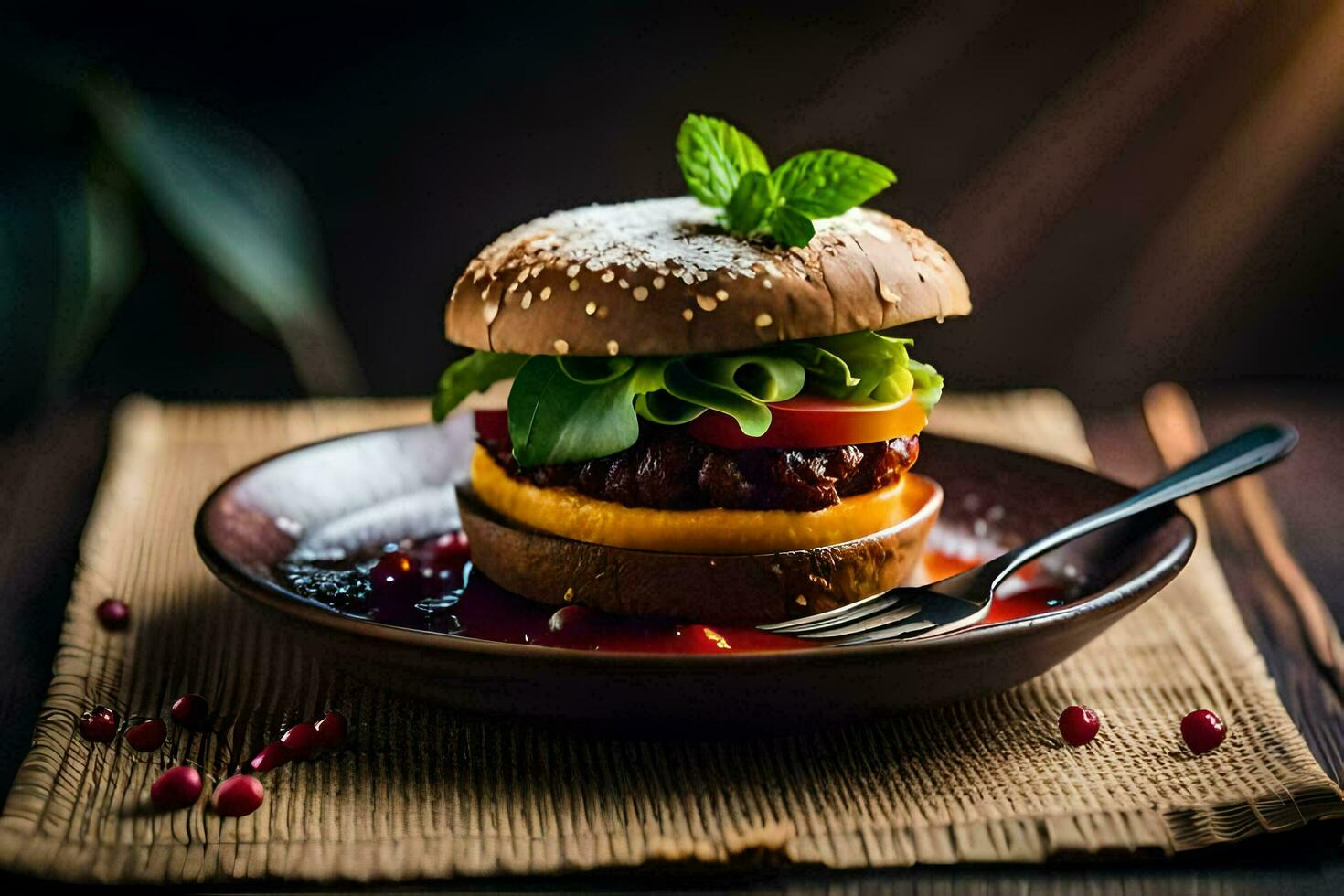 ein Hamburger mit Tomate, Grüner Salat und Granatapfel auf ein Platte. KI-generiert foto