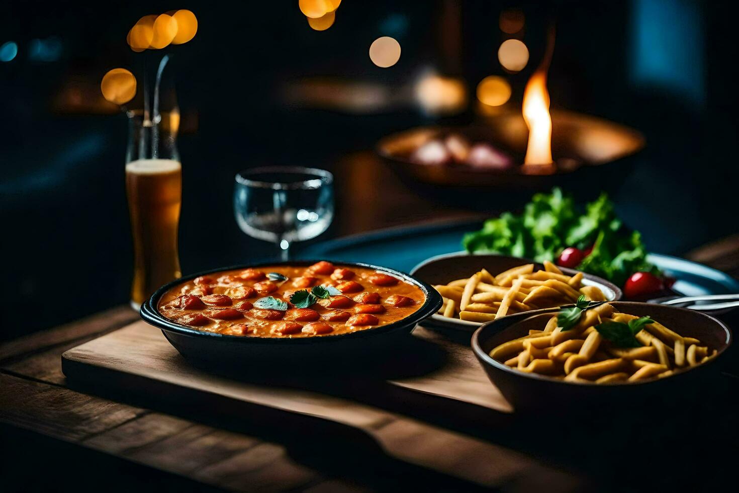 das Essen ist serviert auf ein hölzern Tabelle mit ein Glas von Wein. KI-generiert foto