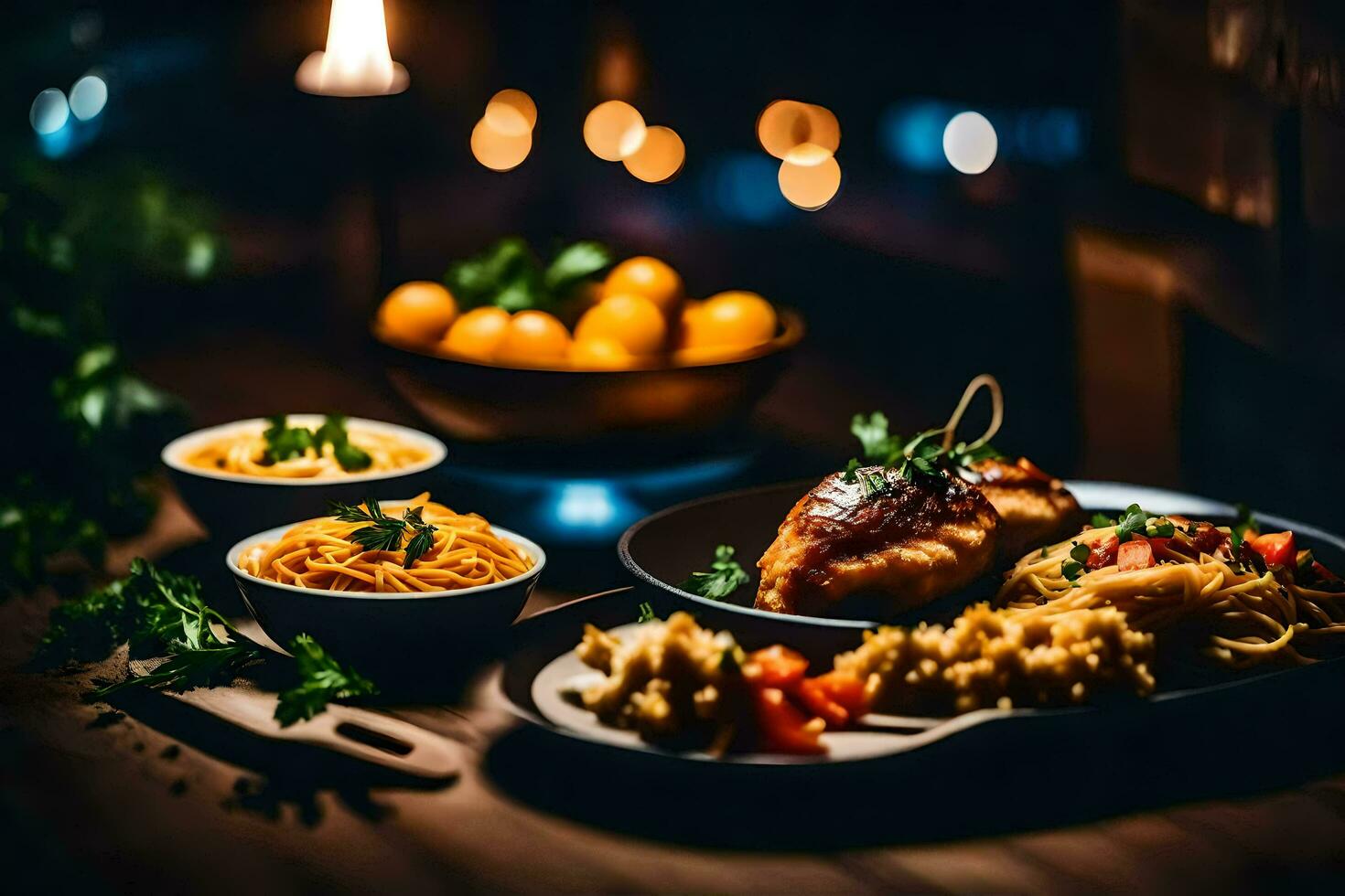 ein Tabelle mit Essen und Kerzen auf Es. KI-generiert foto