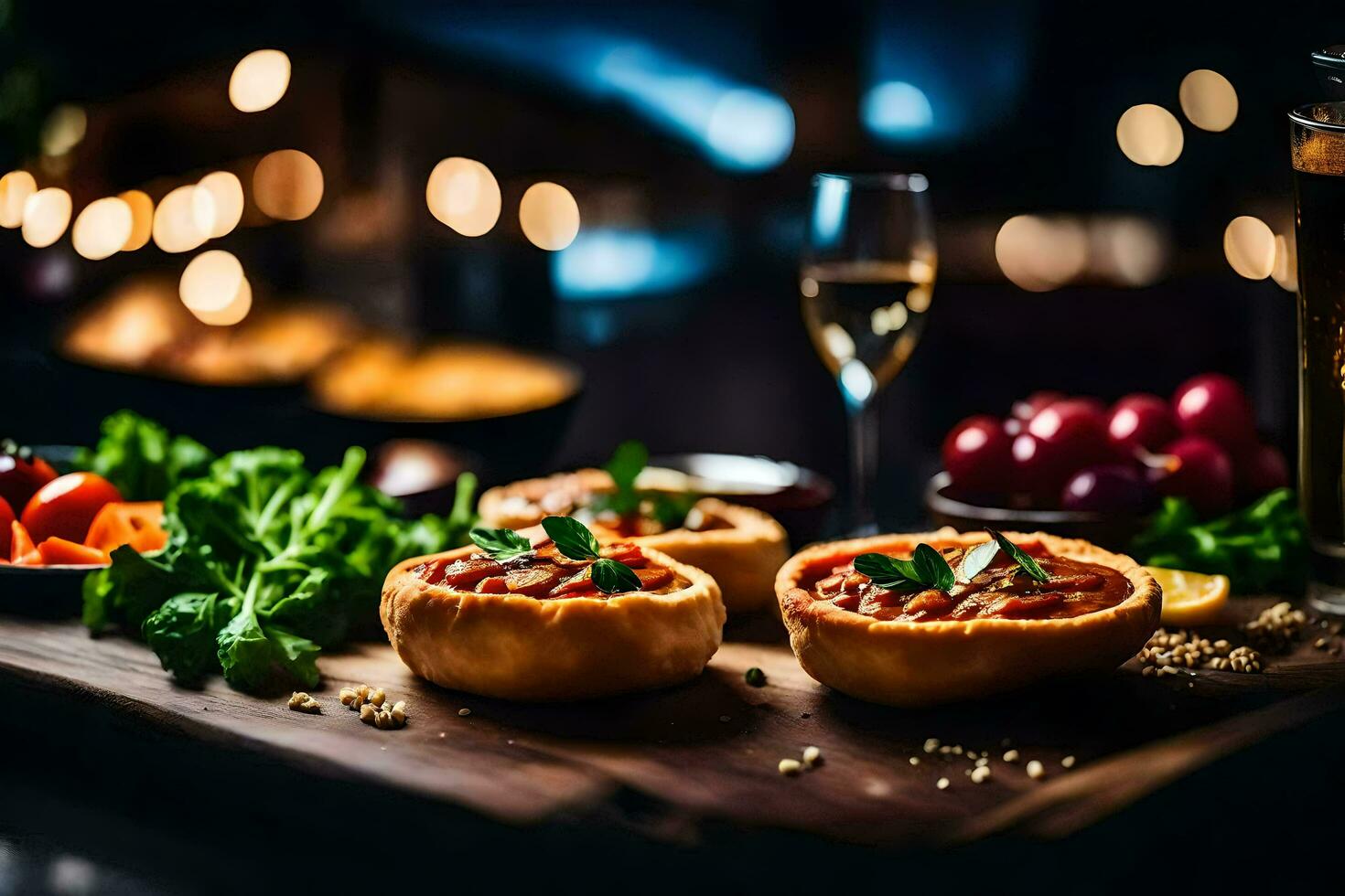 Essen und trinken auf ein hölzern Tisch. KI-generiert foto