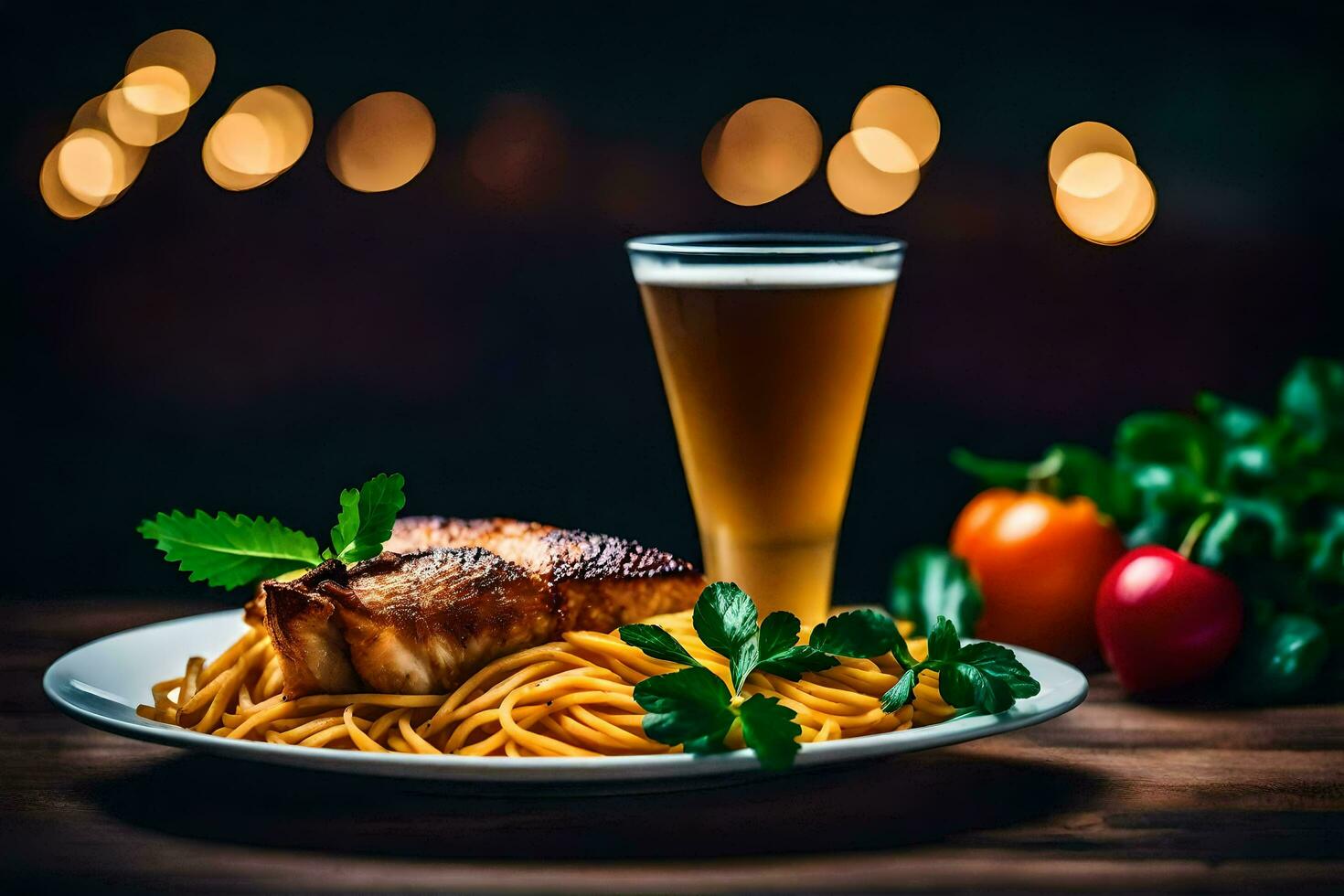 ein Teller von Pasta mit Fisch und Bier auf ein Tisch. KI-generiert foto