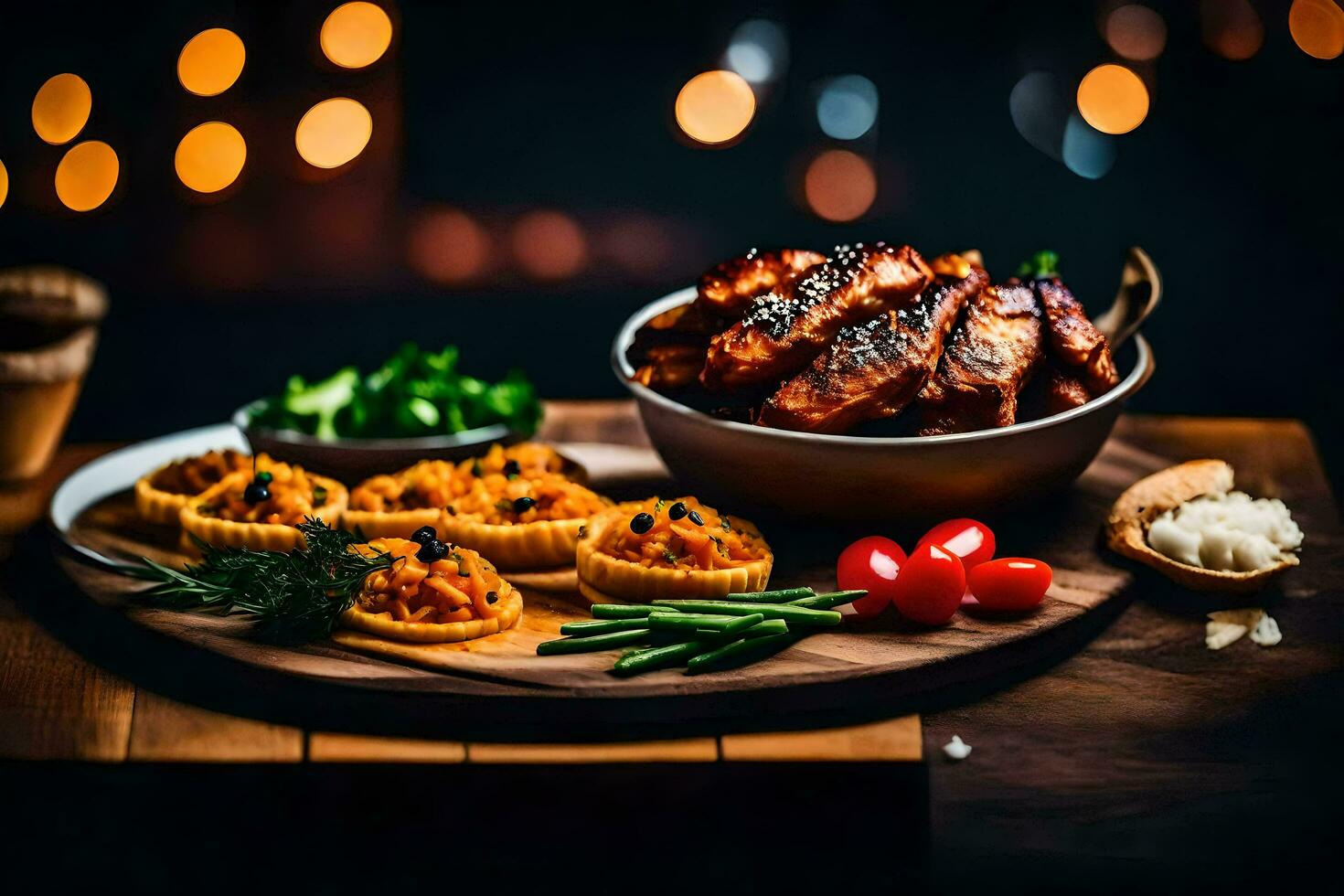 ein hölzern Tabelle mit Essen und Getränke. KI-generiert foto