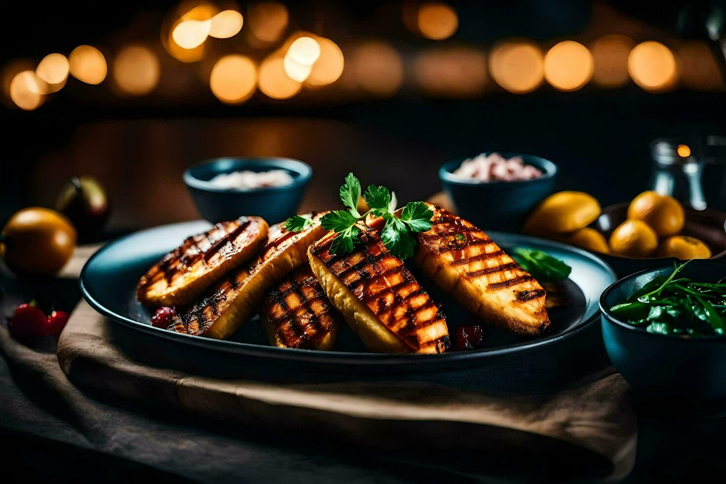 gegrillt Hähnchen auf ein Teller mit ein Schüssel von Soße. KI-generiert foto