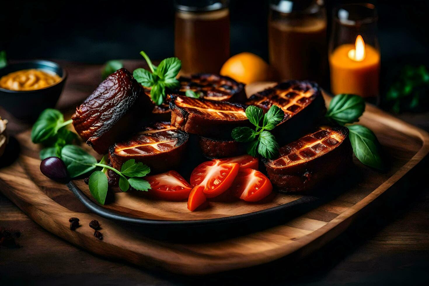 gegrillt Schweinefleisch Koteletts auf ein hölzern Schneiden Tafel. KI-generiert foto