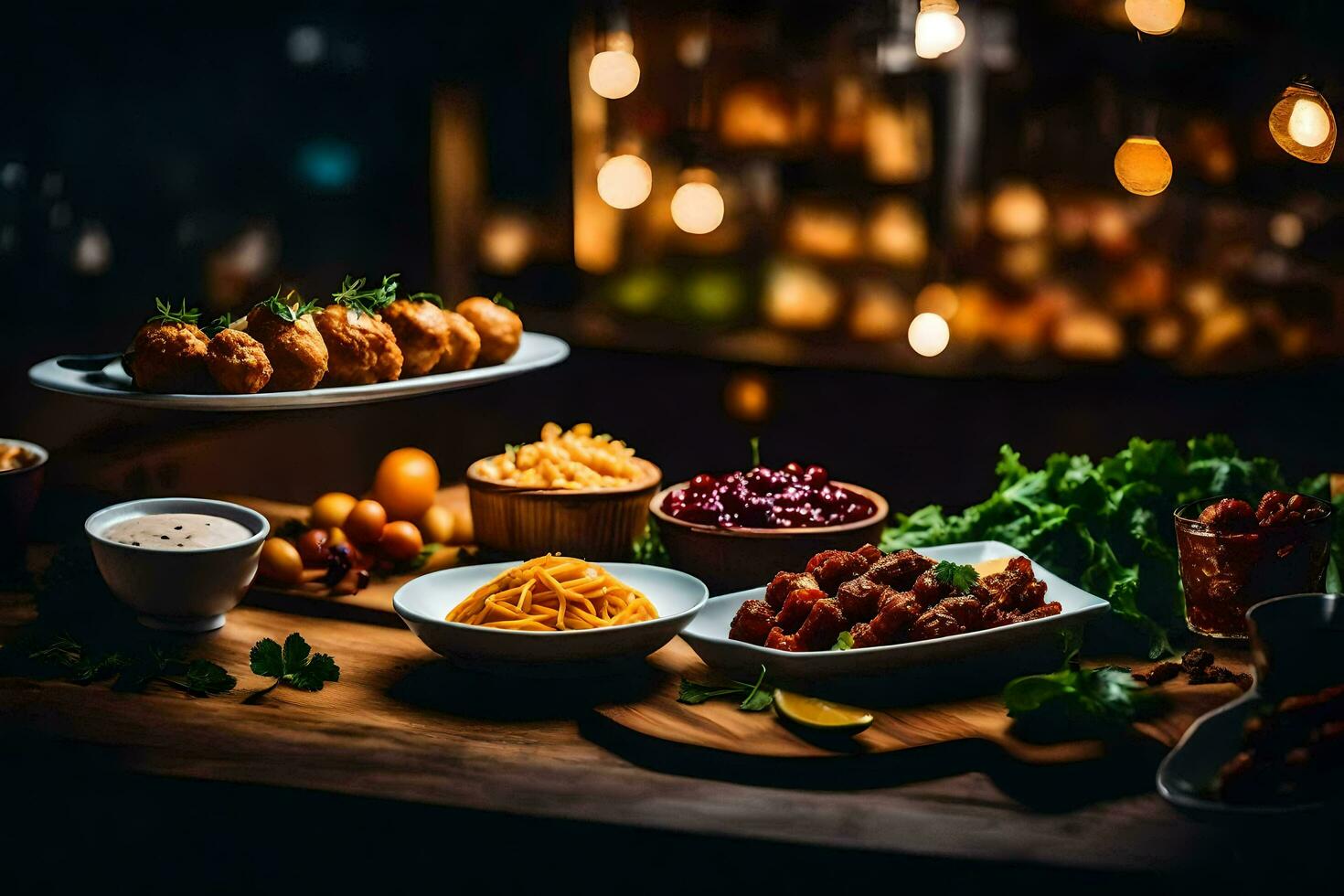 ein Tabelle mit Essen und Getränke auf Es. KI-generiert foto