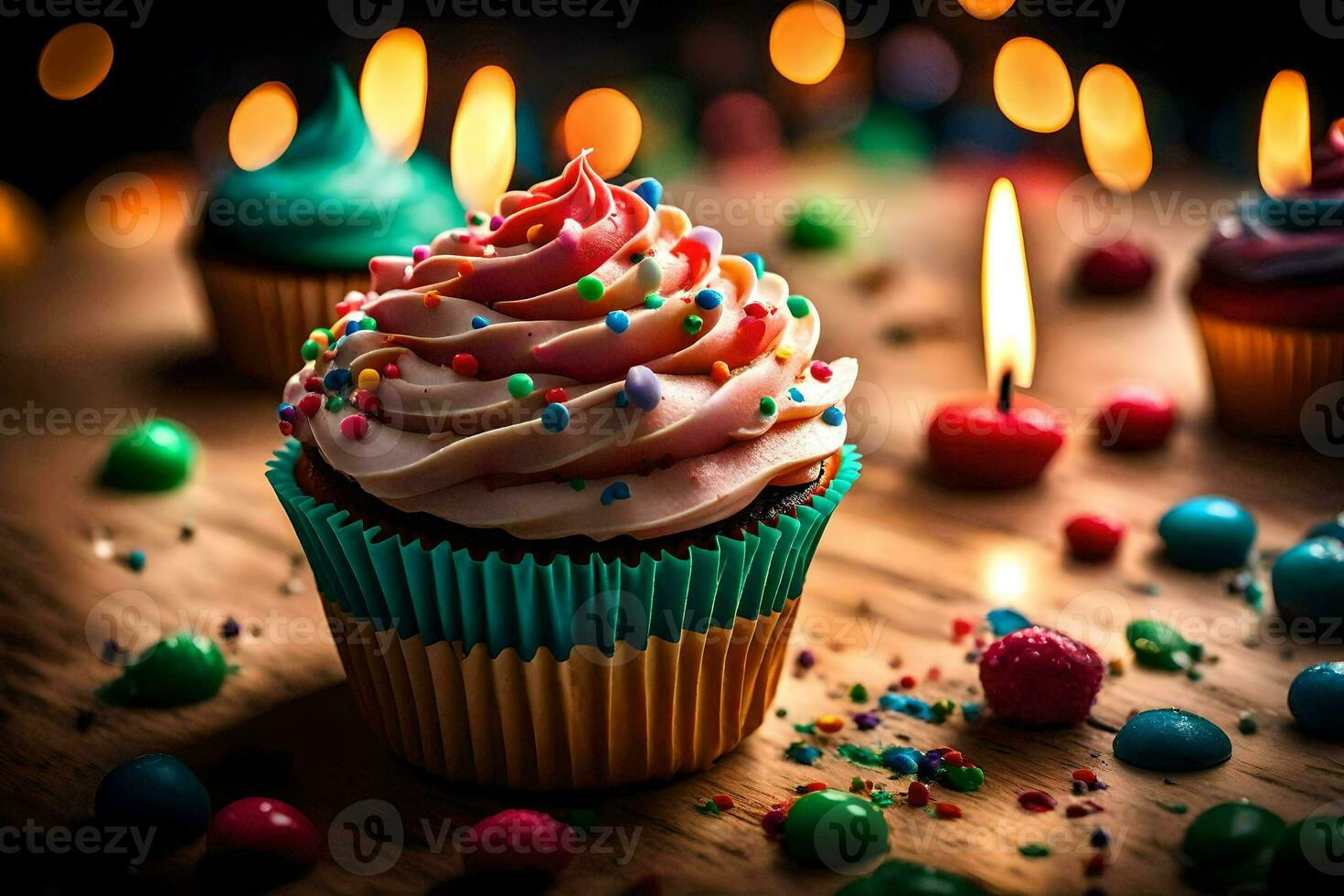 ein Cupcake mit bunt Sträusel und Kerzen. KI-generiert foto