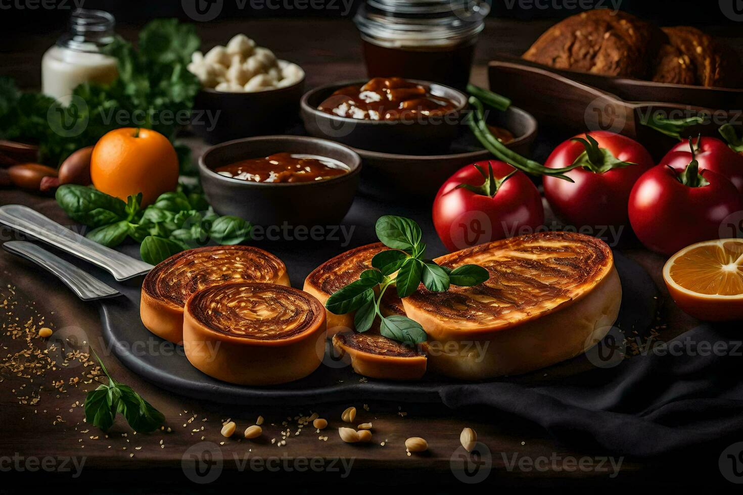 Essen auf ein schwarz Tabelle mit brot, Tomaten, und andere Zutaten. KI-generiert foto