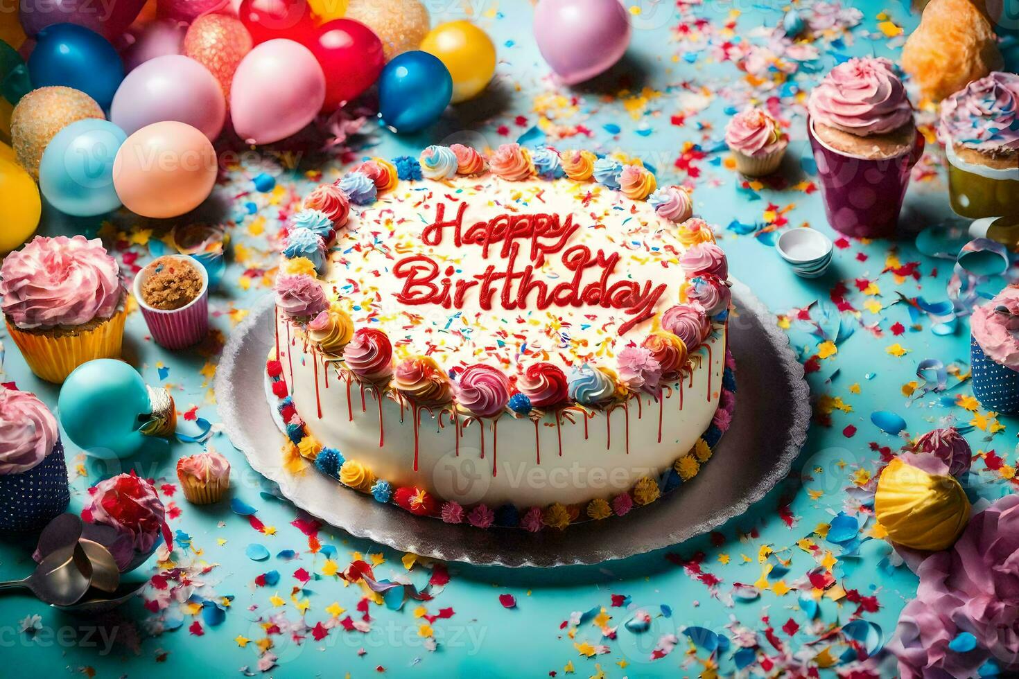 glücklich Geburtstag Kuchen mit Konfetti und Luftballons. KI-generiert foto