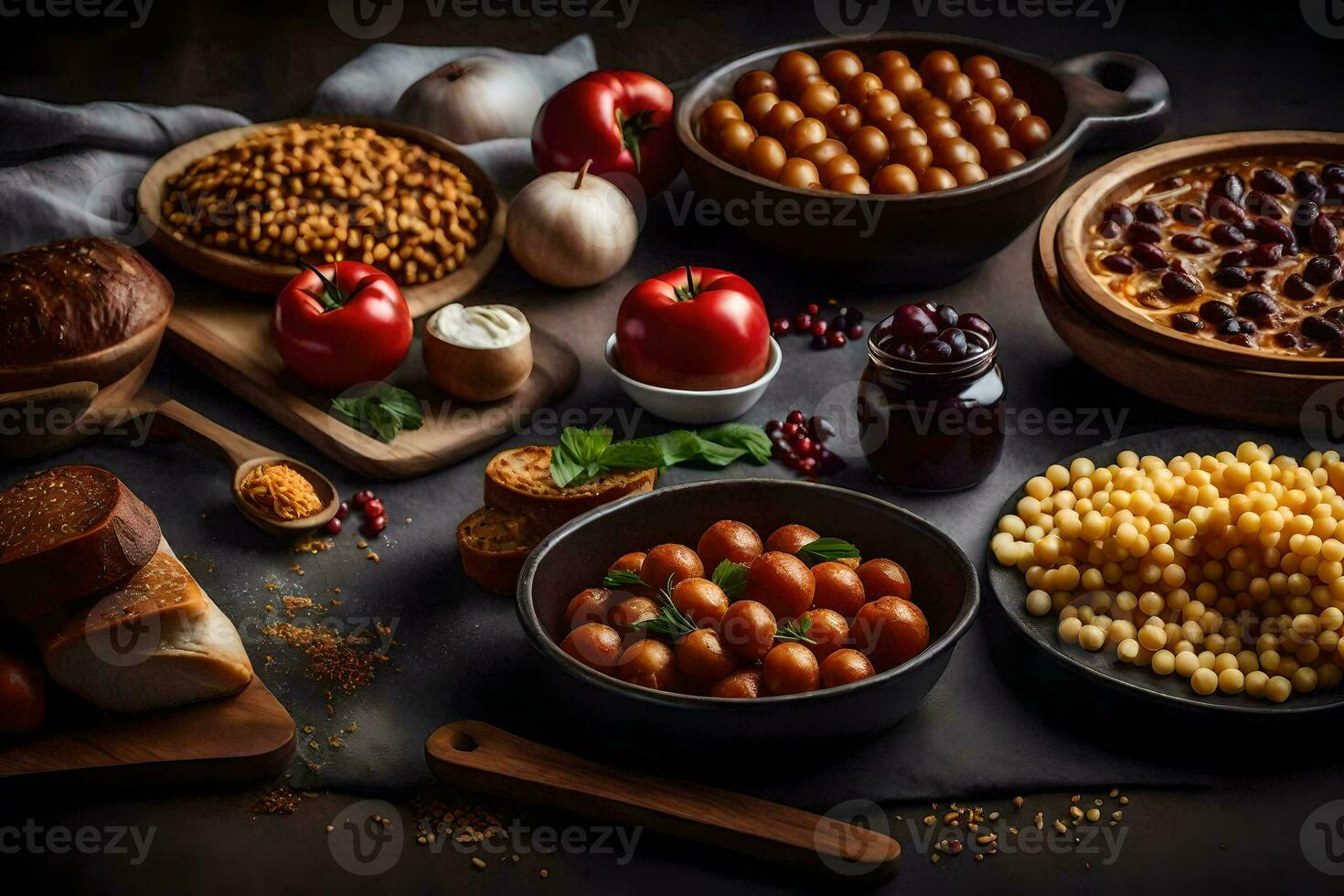 ein Vielfalt von Lebensmittel einschließlich Bohnen, brot, Tomaten und andere Zutaten. KI-generiert foto