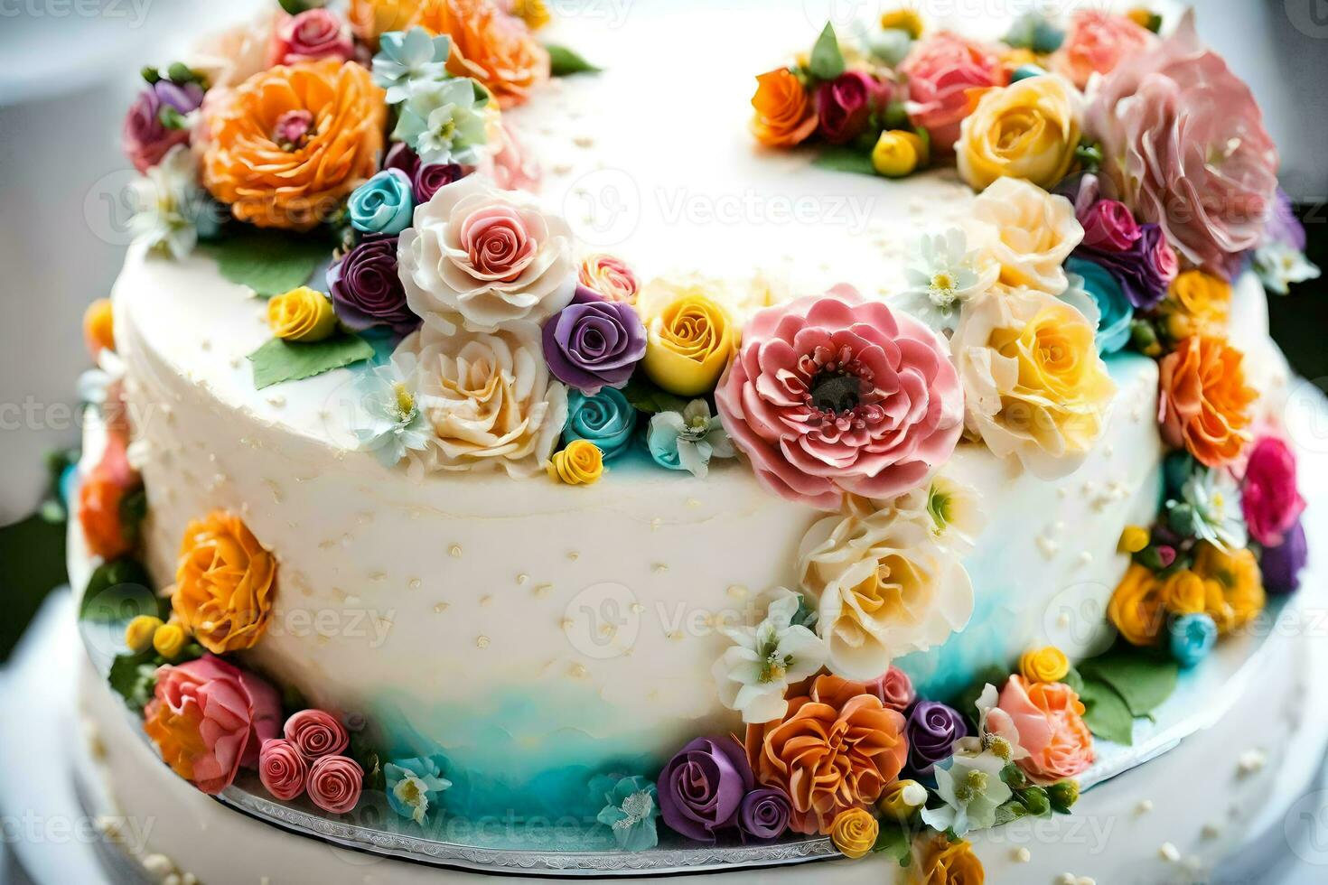 ein Hochzeit Kuchen dekoriert mit bunt Blumen. KI-generiert foto