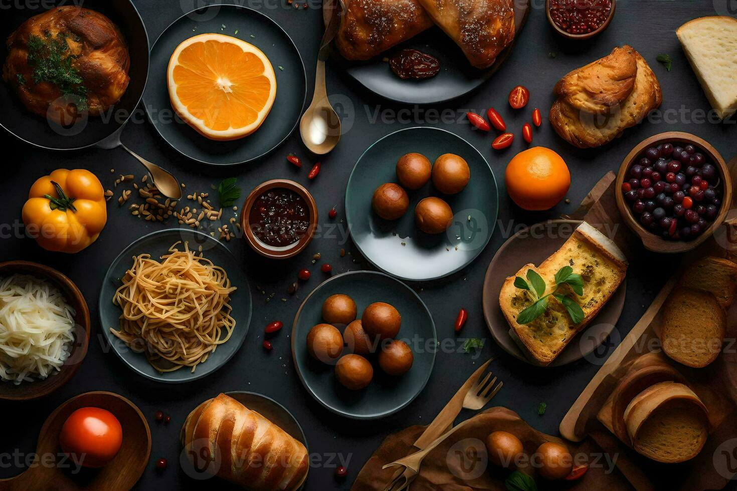 ein Vielfalt von Essen auf ein dunkel Hintergrund. KI-generiert foto