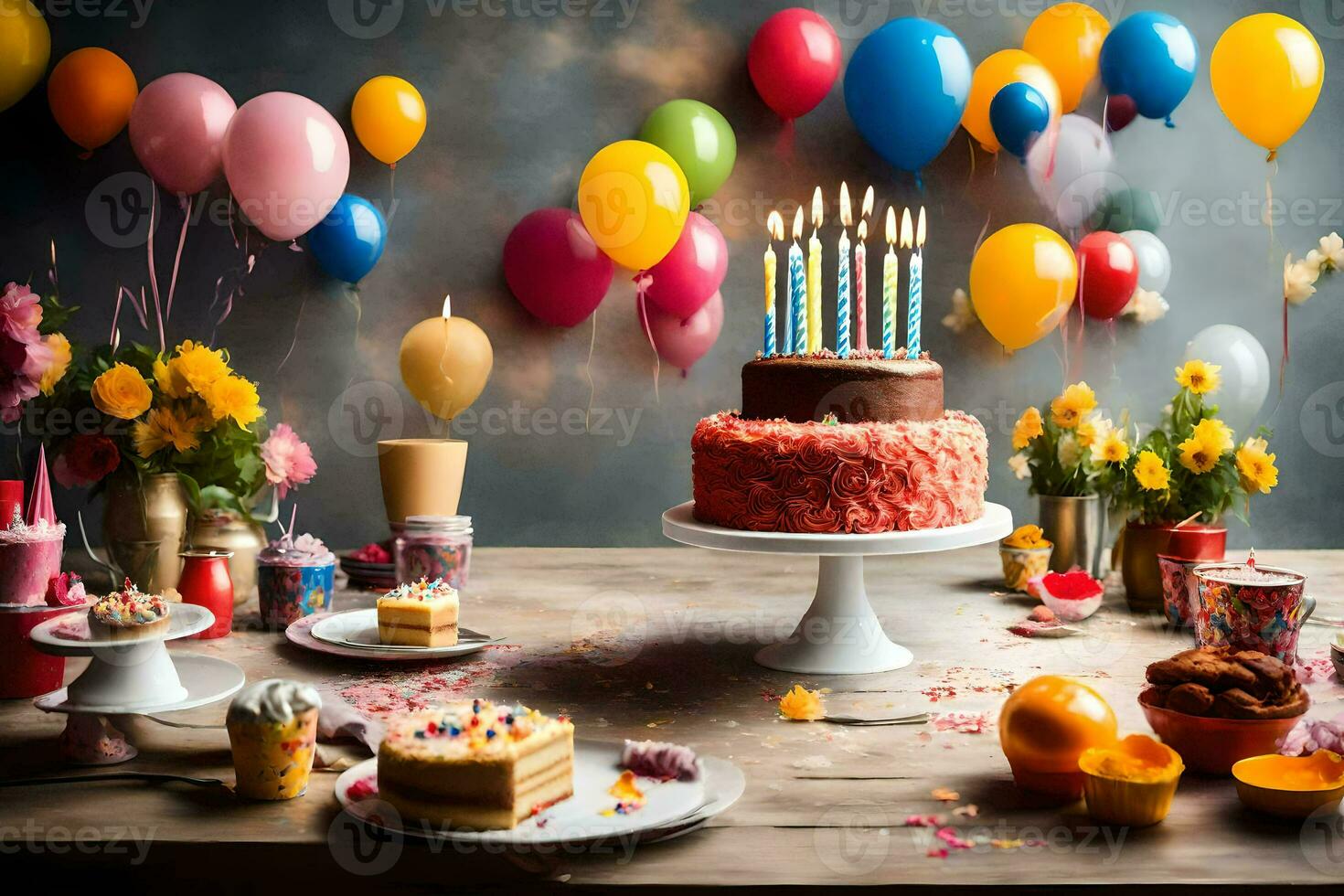 Geburtstag Kuchen mit Kerzen und Luftballons auf Tisch. KI-generiert foto