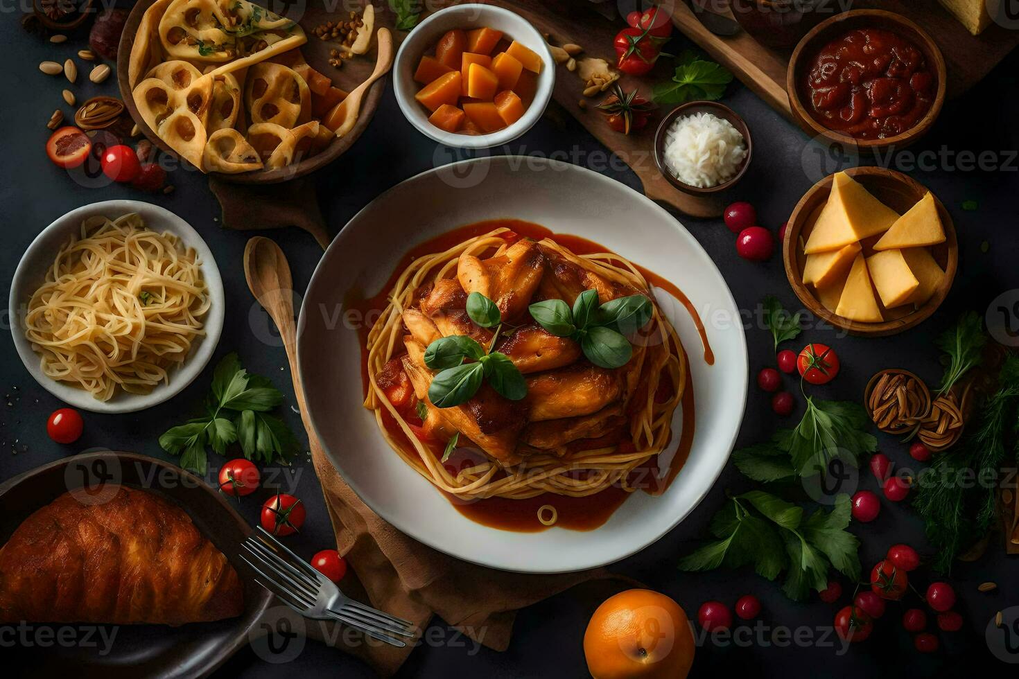 Italienisch Essen auf ein dunkel Tisch. KI-generiert foto
