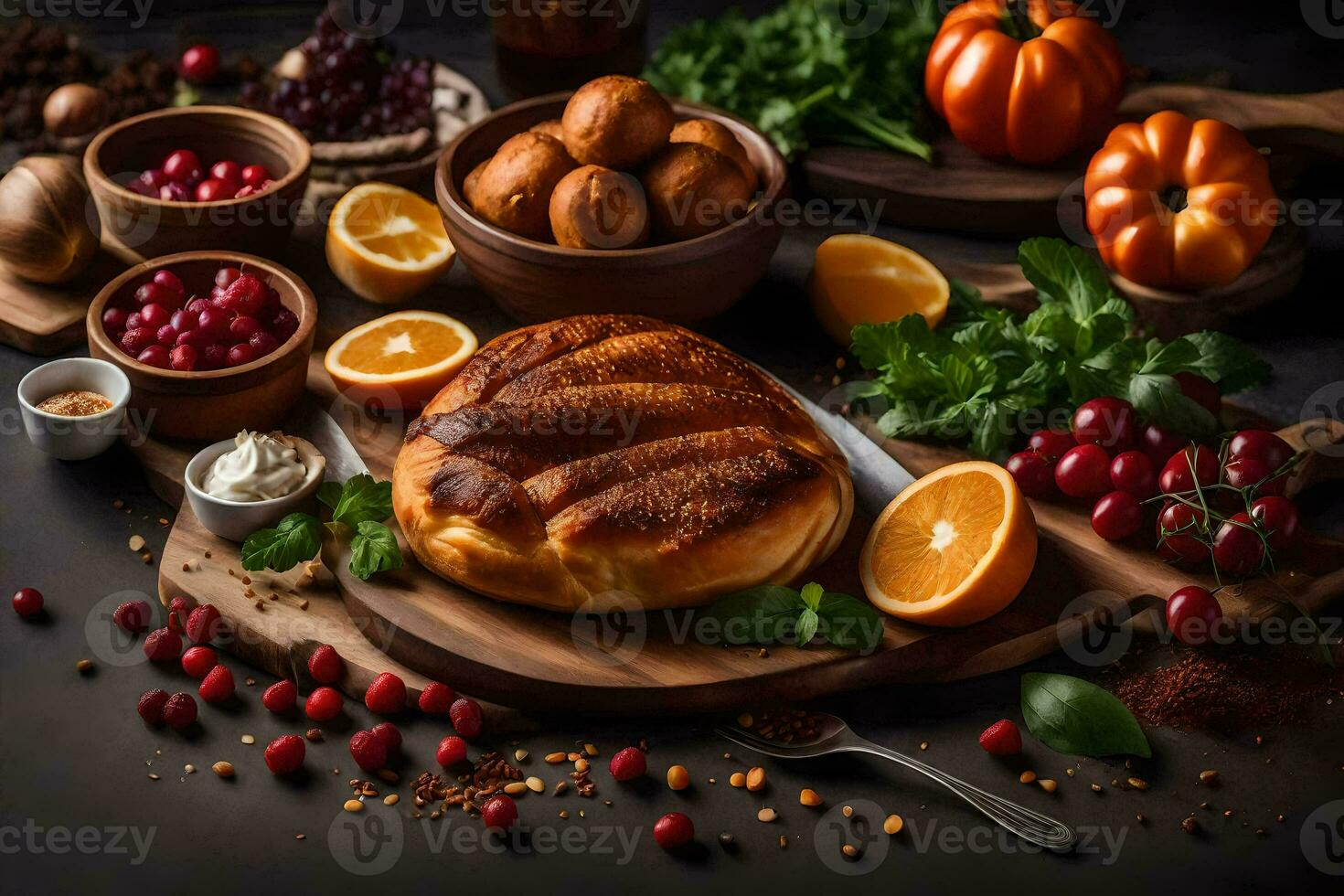 ein Vielfalt von Essen auf ein hölzern Tafel. KI-generiert foto