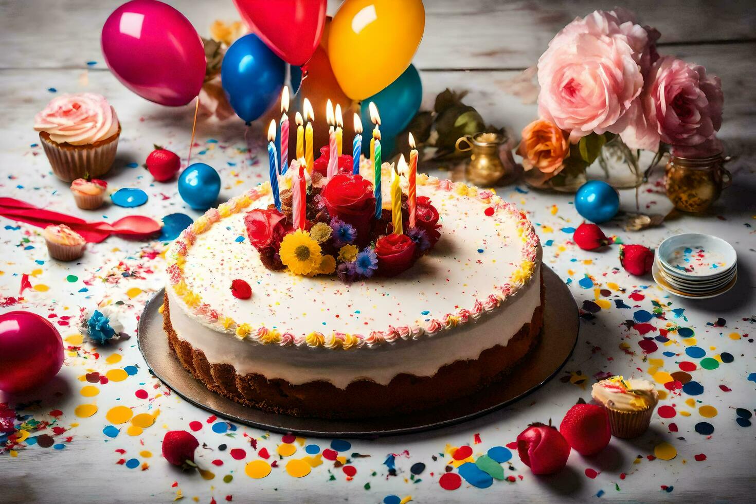 ein Geburtstag Kuchen mit Kerzen und Luftballons. KI-generiert foto