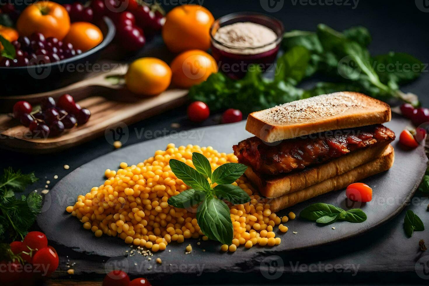 Essen auf ein Teller mit ein Sandwich, Couscous und Gemüse. KI-generiert foto