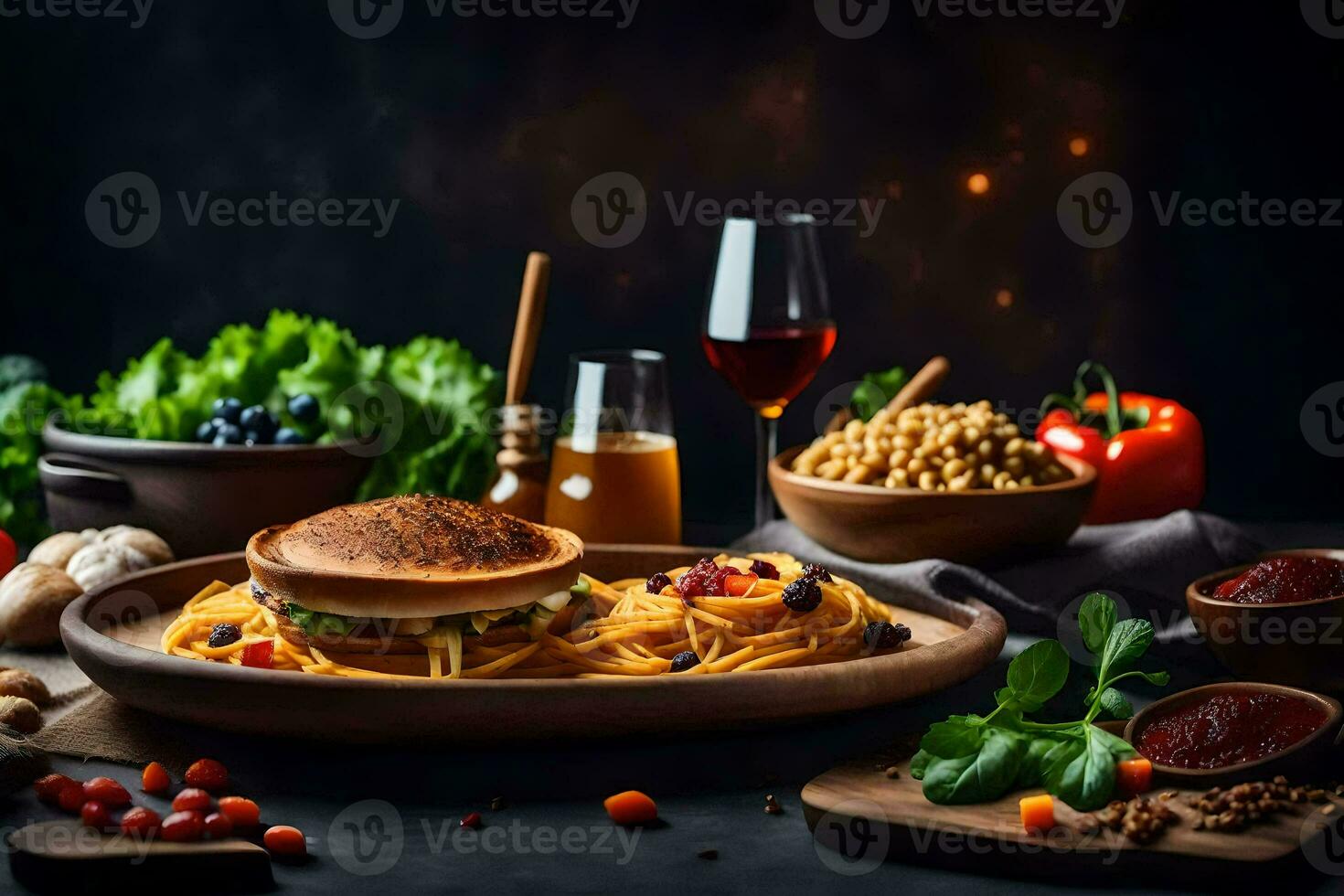 ein Teller von Pasta, Gemüse und ein Sandwich auf ein dunkel Hintergrund. KI-generiert foto