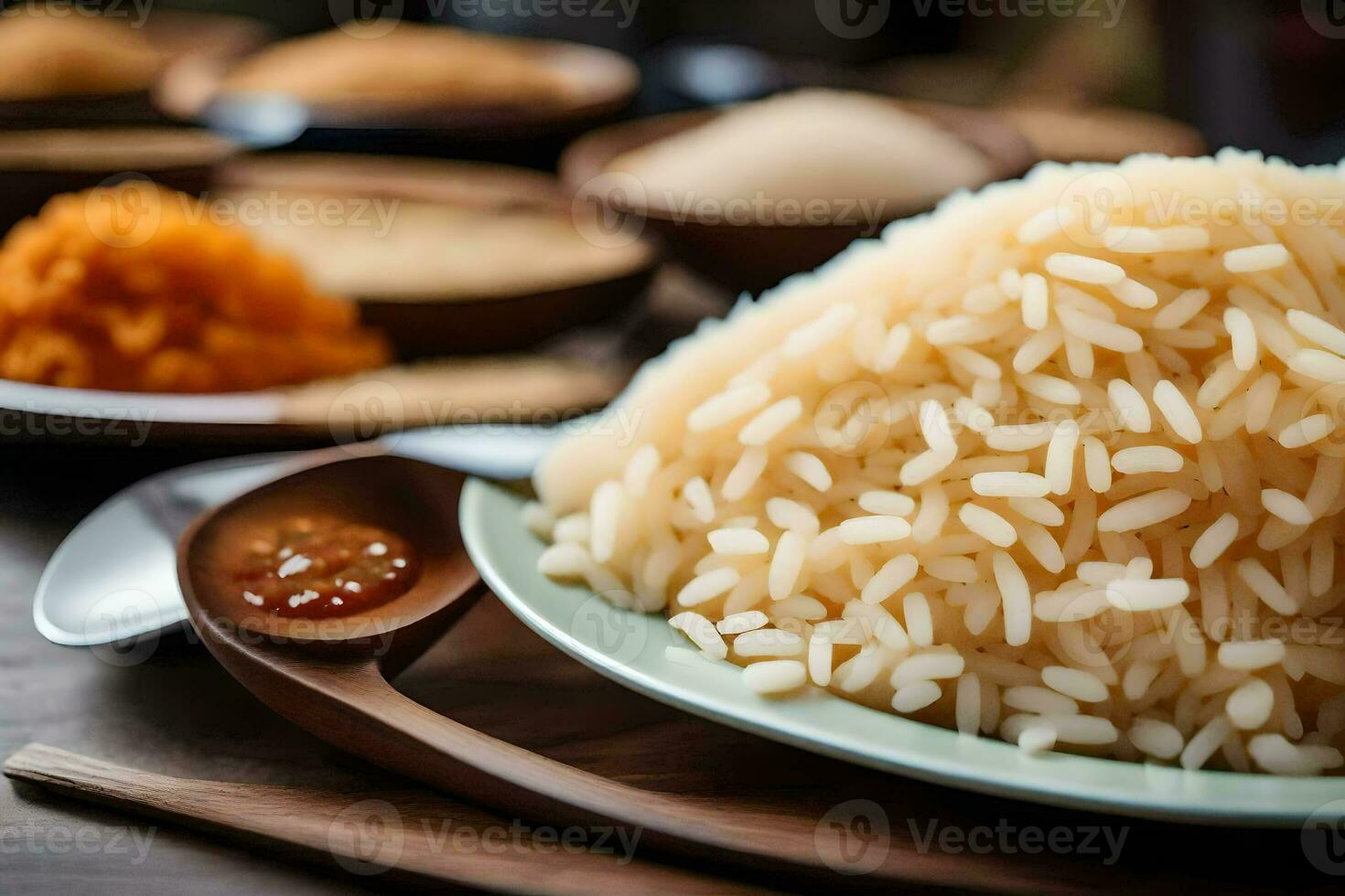 ein Teller von Reis mit ein Löffel und andere Schalen. KI-generiert foto