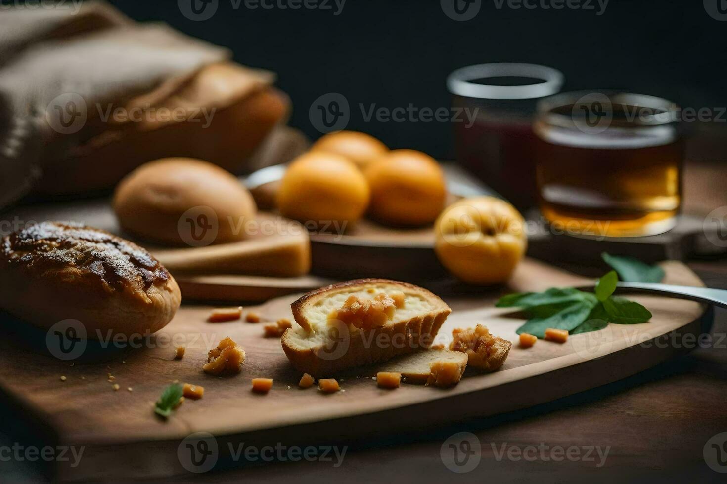 ein hölzern Schneiden Tafel mit brot, Käse und andere Lebensmittel. KI-generiert foto