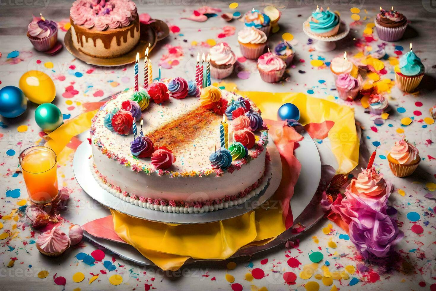 ein Geburtstag Kuchen mit Kerzen und Konfetti. KI-generiert foto