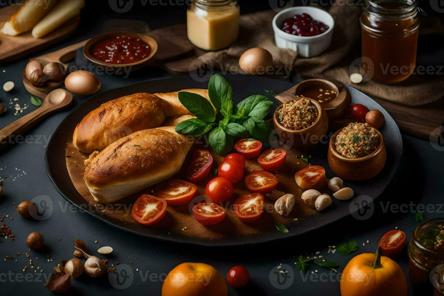 ein Teller von Essen mit brot, Tomaten und andere Zutaten. KI-generiert foto