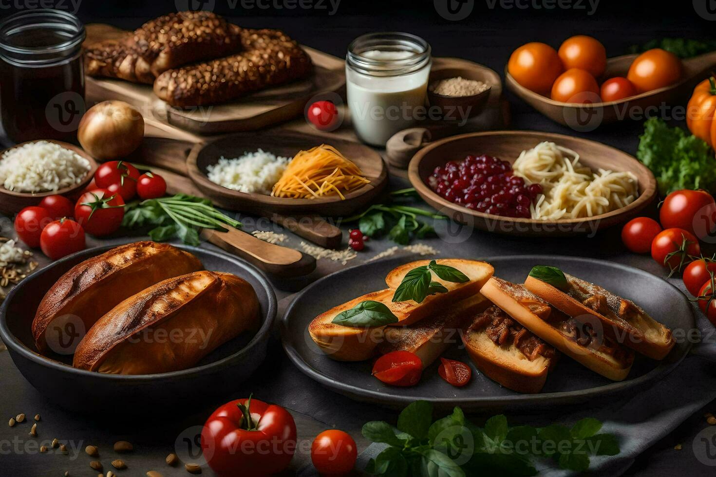 verschiedene Lebensmittel einschließlich brot, Gemüse und Fleisch auf ein Tisch. KI-generiert foto