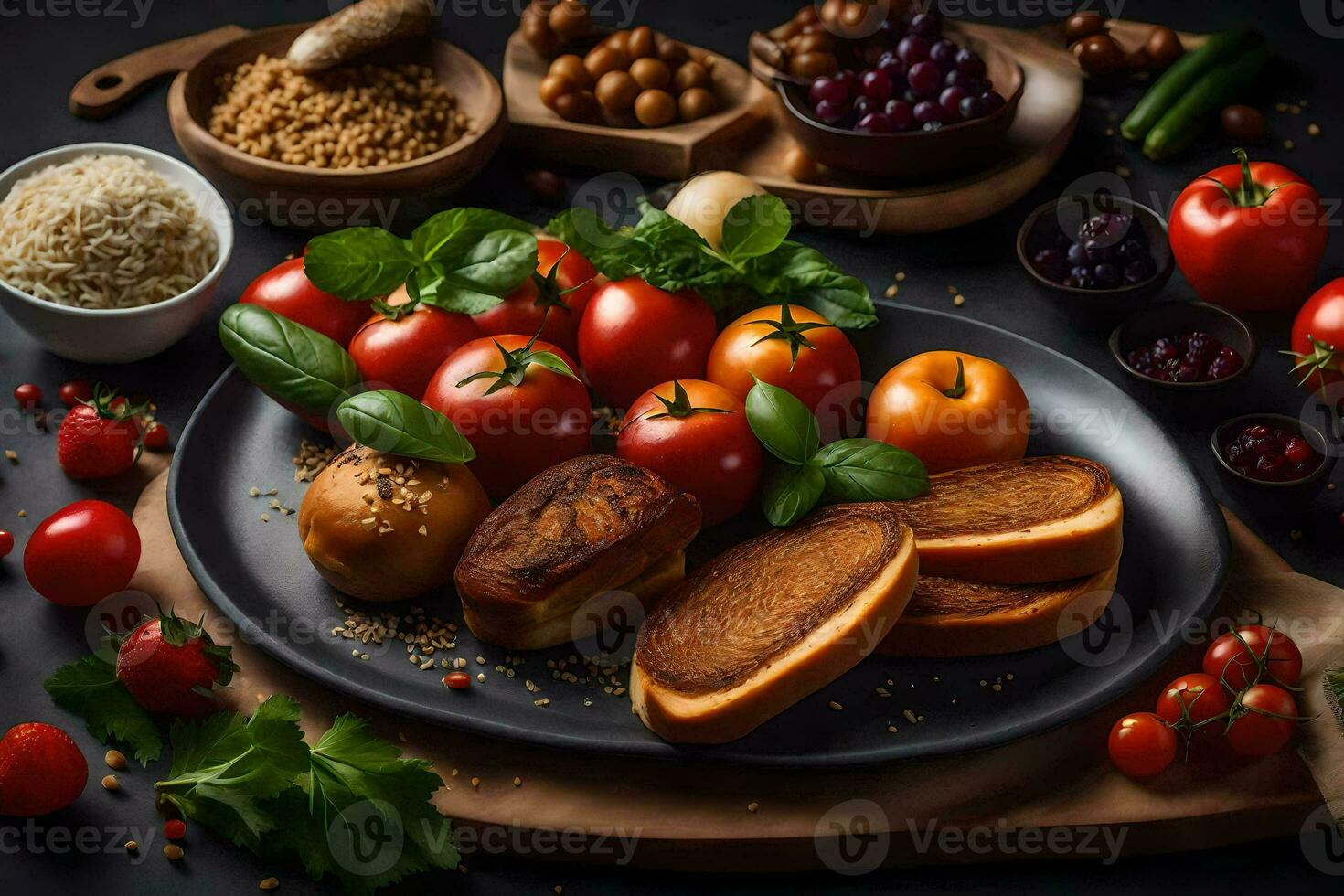 ein Teller von Essen mit brot, Tomaten, und andere Zutaten. KI-generiert foto