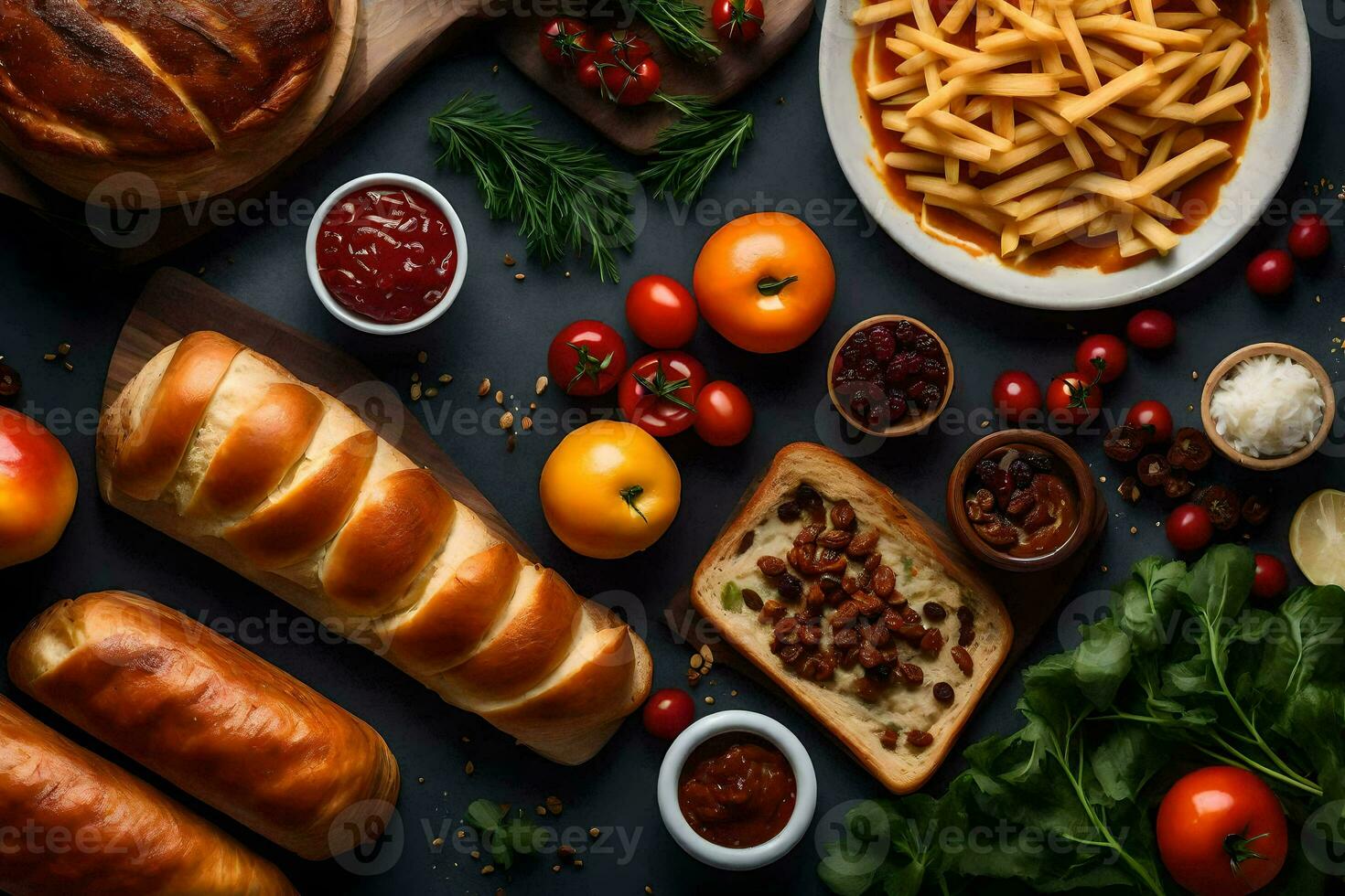 verschiedene Lebensmittel einschließlich brot, Fritten, Tomaten, und andere Zutaten. KI-generiert foto