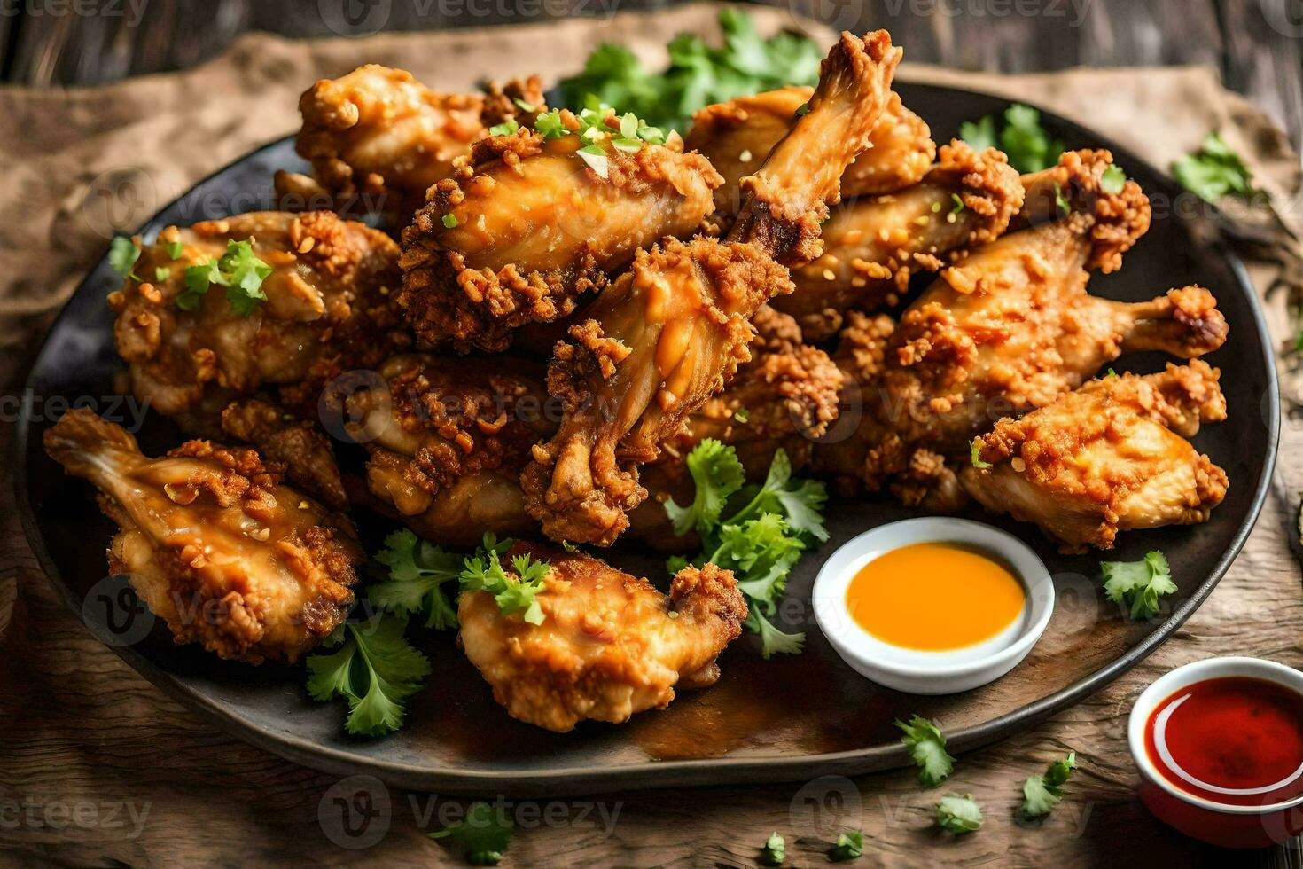 gebraten Hähnchen Flügel mit Soße auf ein Platte. KI-generiert foto