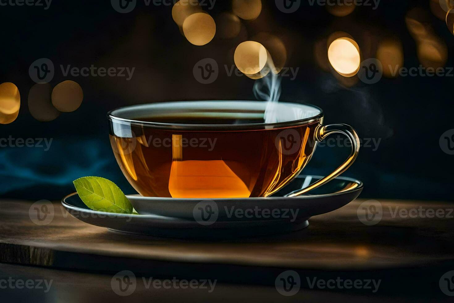 ein Tasse von Tee auf ein hölzern Tabelle mit ein Bokeh Hintergrund. KI-generiert foto