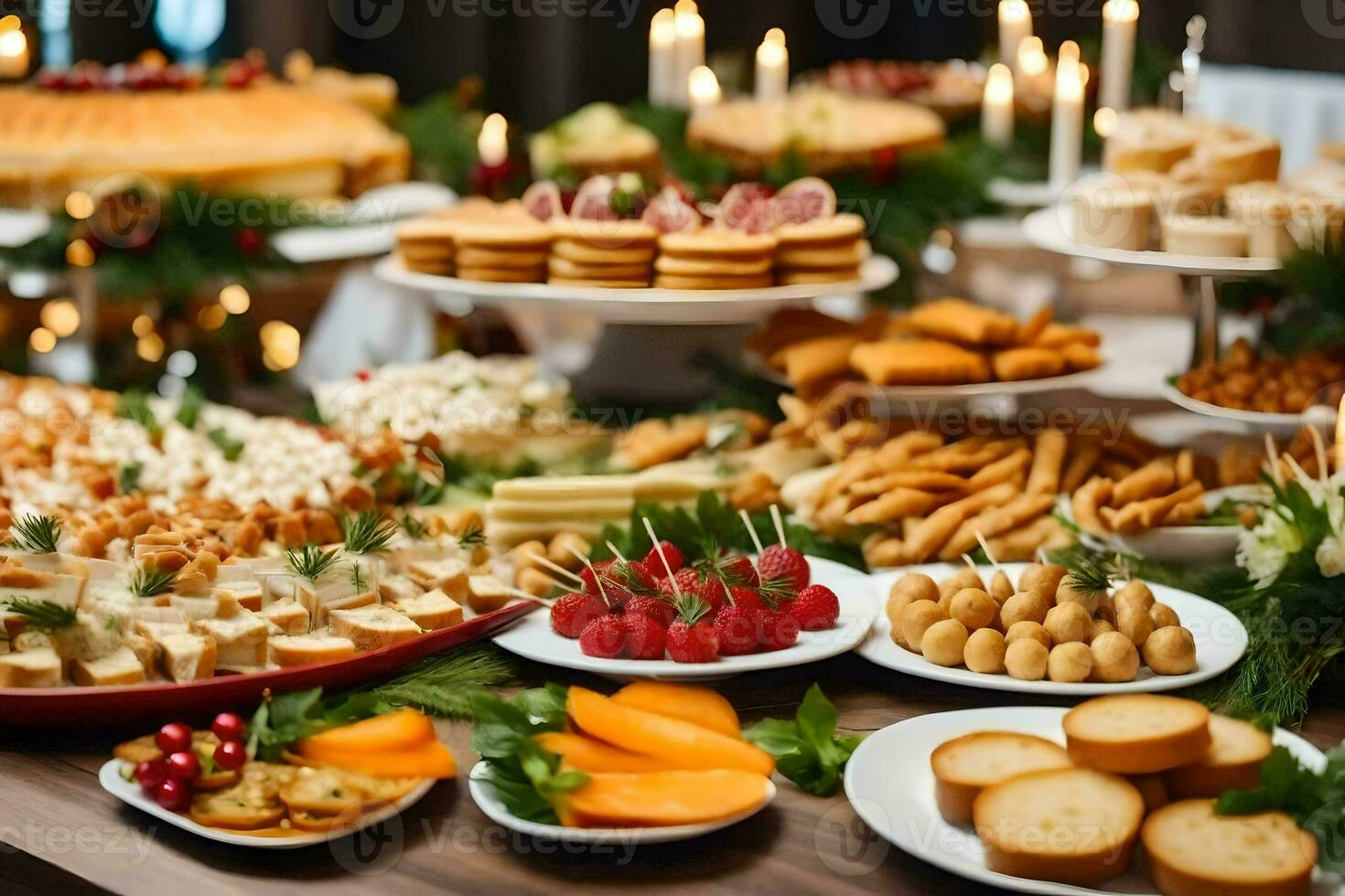 ein Buffet Tabelle mit viele anders Typen von Lebensmittel. KI-generiert foto