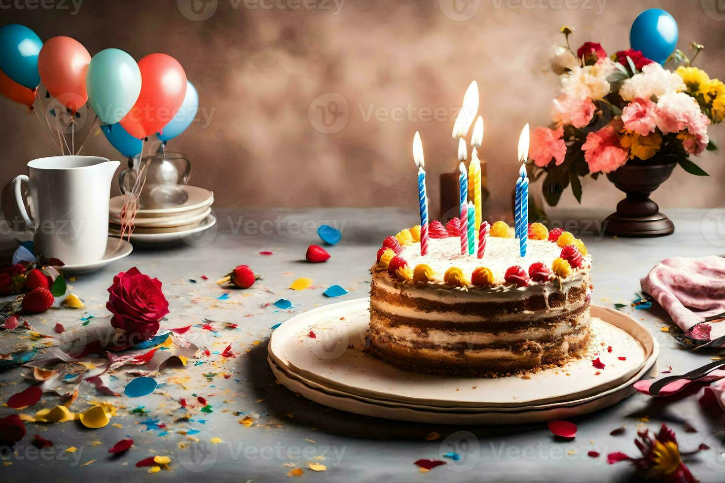 Geburtstag Kuchen mit Kerzen und Luftballons auf ein Tisch. KI-generiert foto