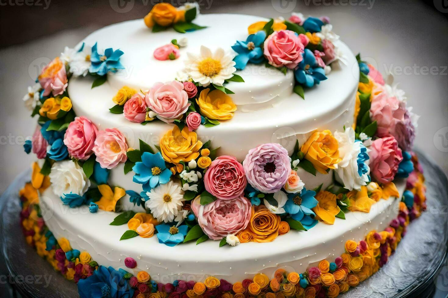 ein Kuchen dekoriert mit bunt Blumen. KI-generiert foto